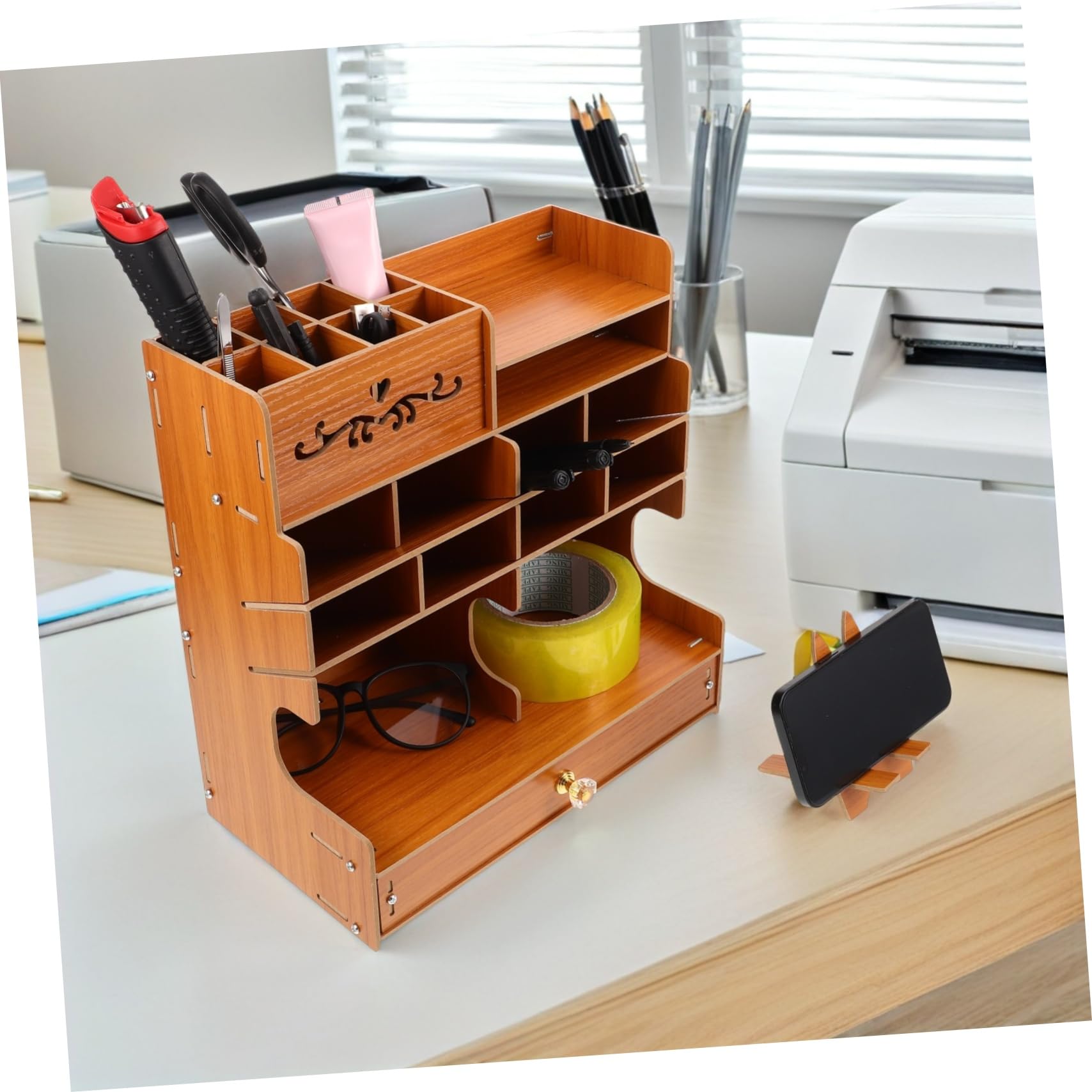 DOITOOL Organizador de Escritorio de Madera con Compartimentos Múltiples Base Estable Antideslizante Caja para Bolígrafos Lápices y Pinceles Organizador de Papelería para Oficina y
