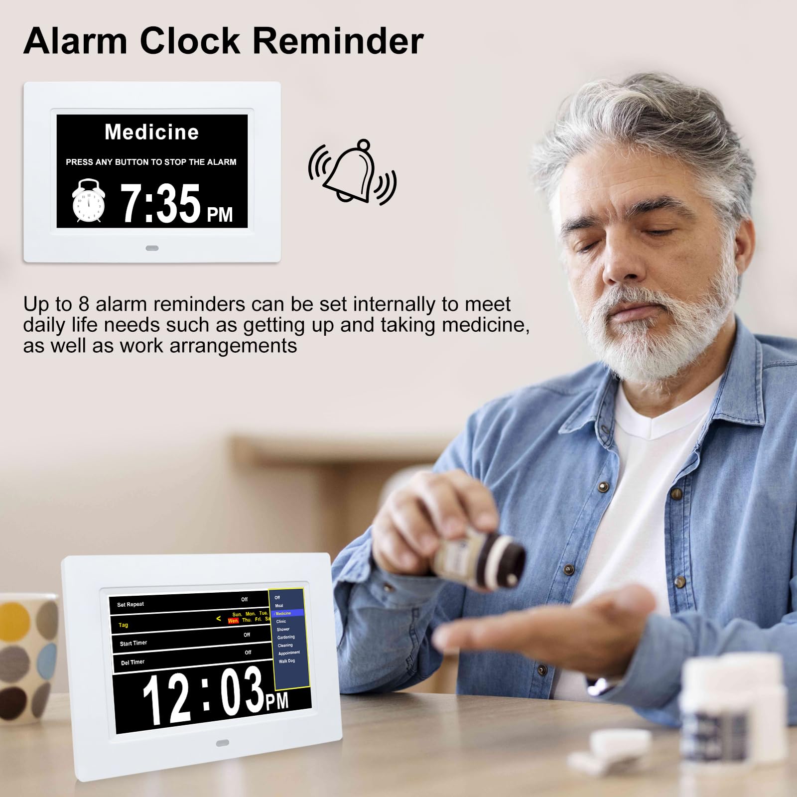 Orologio digitale extra large da 18 cm, per anziani, con 12 promemoria per farmaci, calendario con giorno della settimana, data ora per anziani con problemi di vista, perdita di memoria, bianco