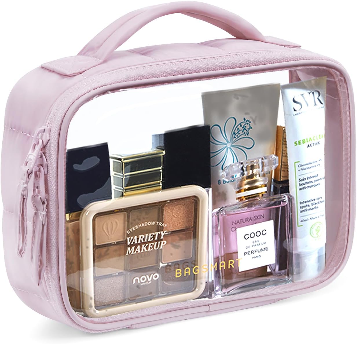 BAGSMART Clear TSA-Approved Toiletry Bag, Puffy Edges Travel Makeup Bag, Large Opening with Handle, Clear Cosmetic Bag with Double Zipper for Women (Black, 1Pack)