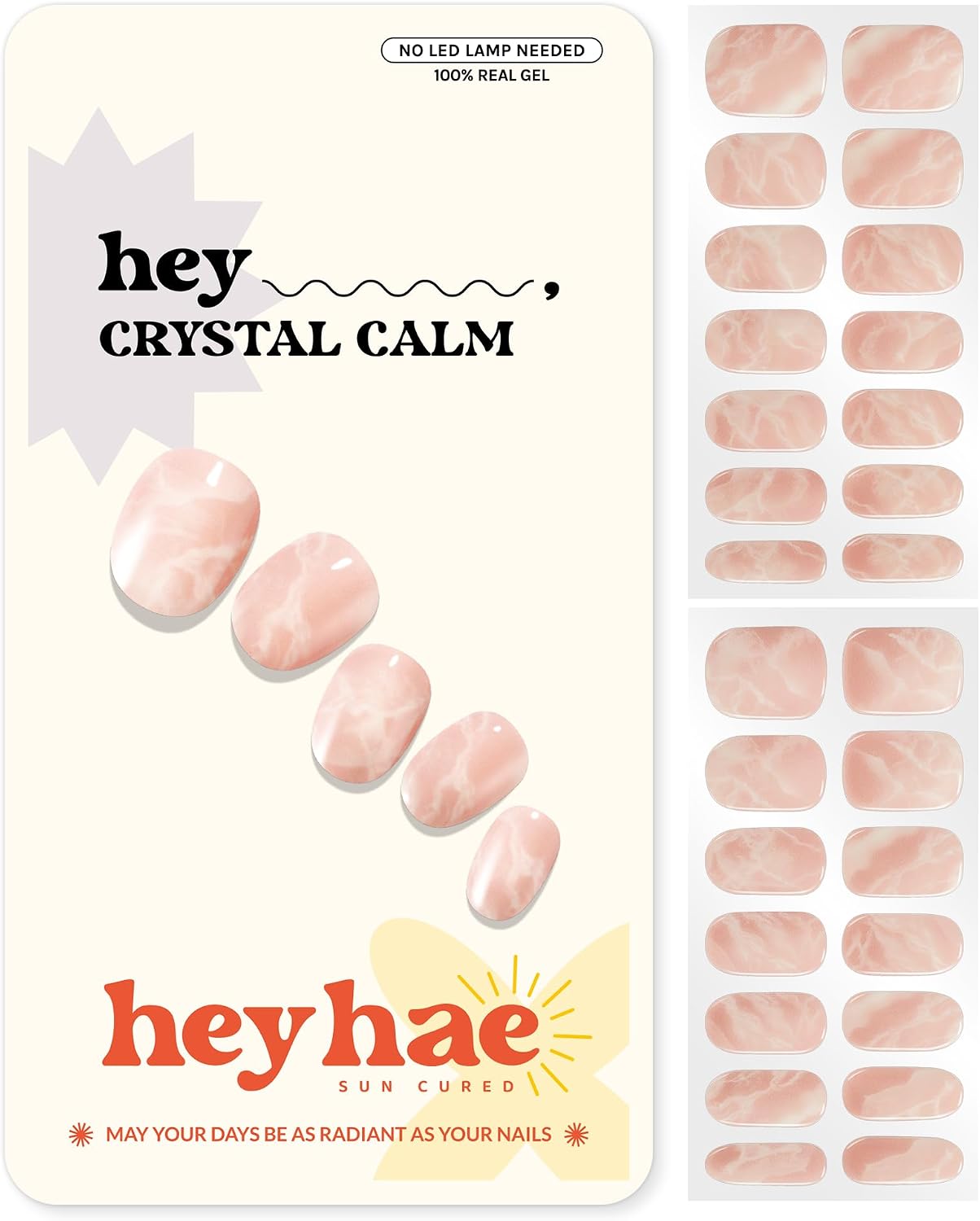 Heyhae Semi Cured Gel Nail Strips | No LED Lamp Needed | Pink, Marble | Easy Apply & Remove, Salon Quality | Includes 28 Strips, 1 Prep Pads, Nail File & Wooden Stick - Hey, Crystal Calm