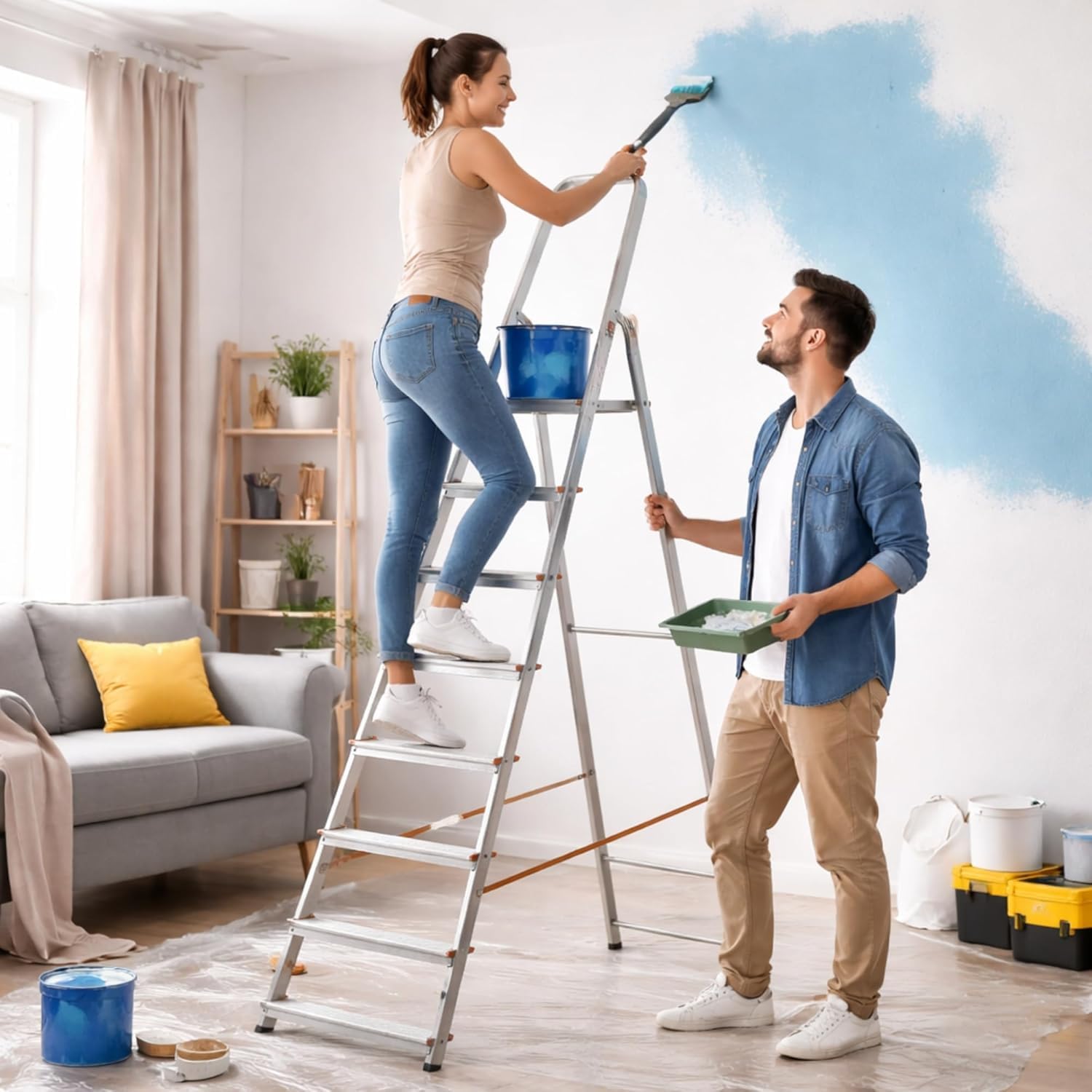 Scala Alluminio 8 Gradini - PIATTAFORMA ANTISCIVOLO - Conforme EN131 - Portata 150kg - Scala Pieghevole con Pedana in Acciaio e Blocco Sicurezza Antiapertura - Per Lavori Domestici e Fai da Te.