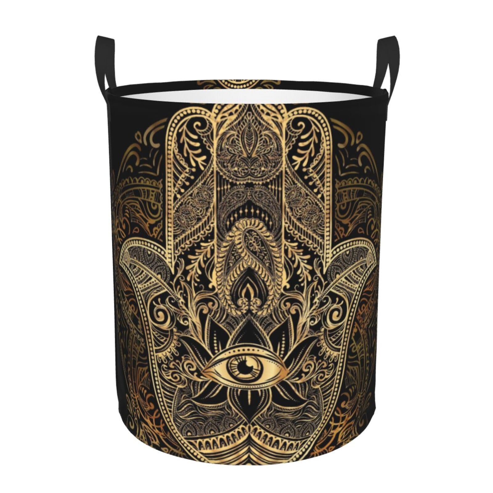 Ornate Amulet Hamsa Hand Of Fatima Laundry Basket Waterproof Collapsible Round Laundry Hamper Toys Clothes Organizer Gift Basket For Room Small