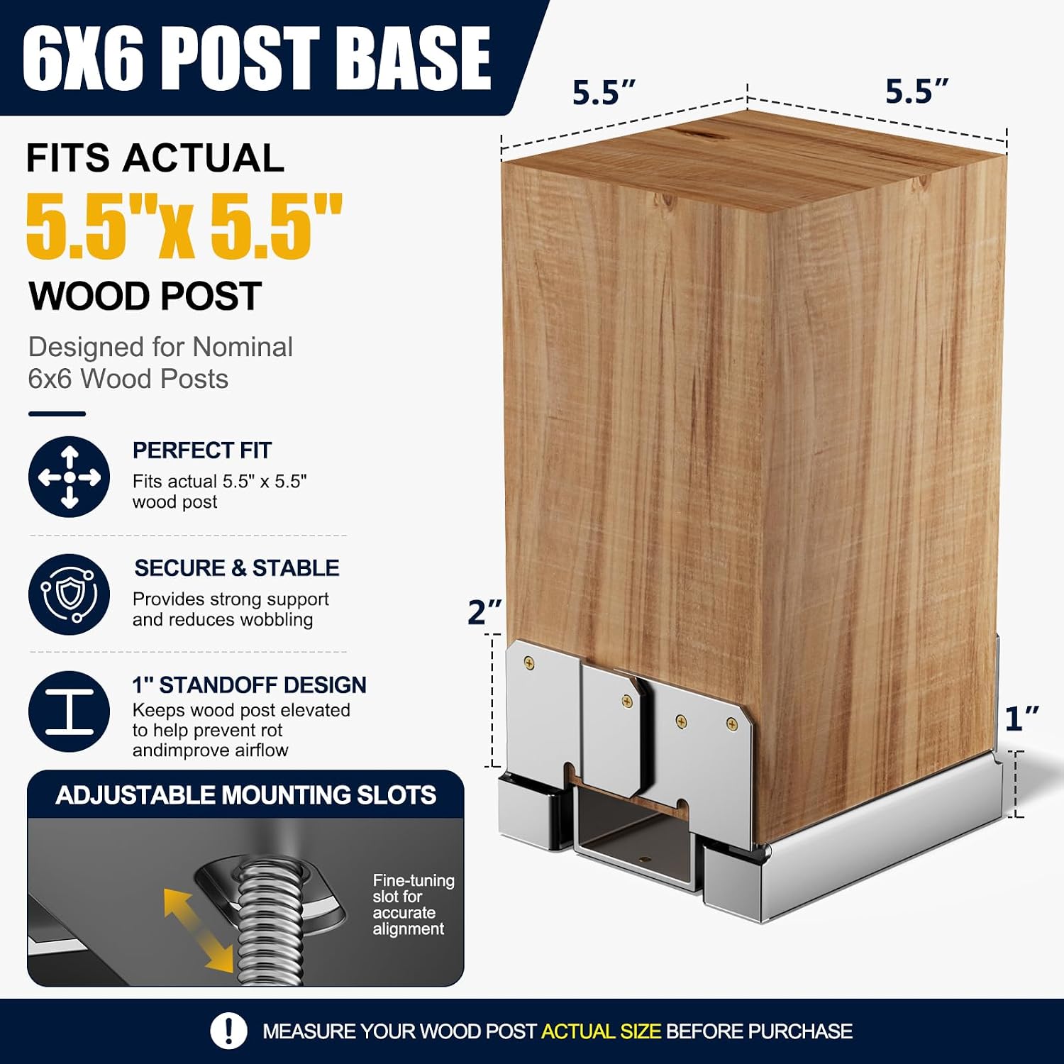 6x6 Post Base for Concrete, Heavy Duty Galvanized Steel Bracket, 6 Pack | Fits actual 5.5 x 5.5 in wood posts, 1 in standoff, deck pergola fence gazebo porch, hardware included