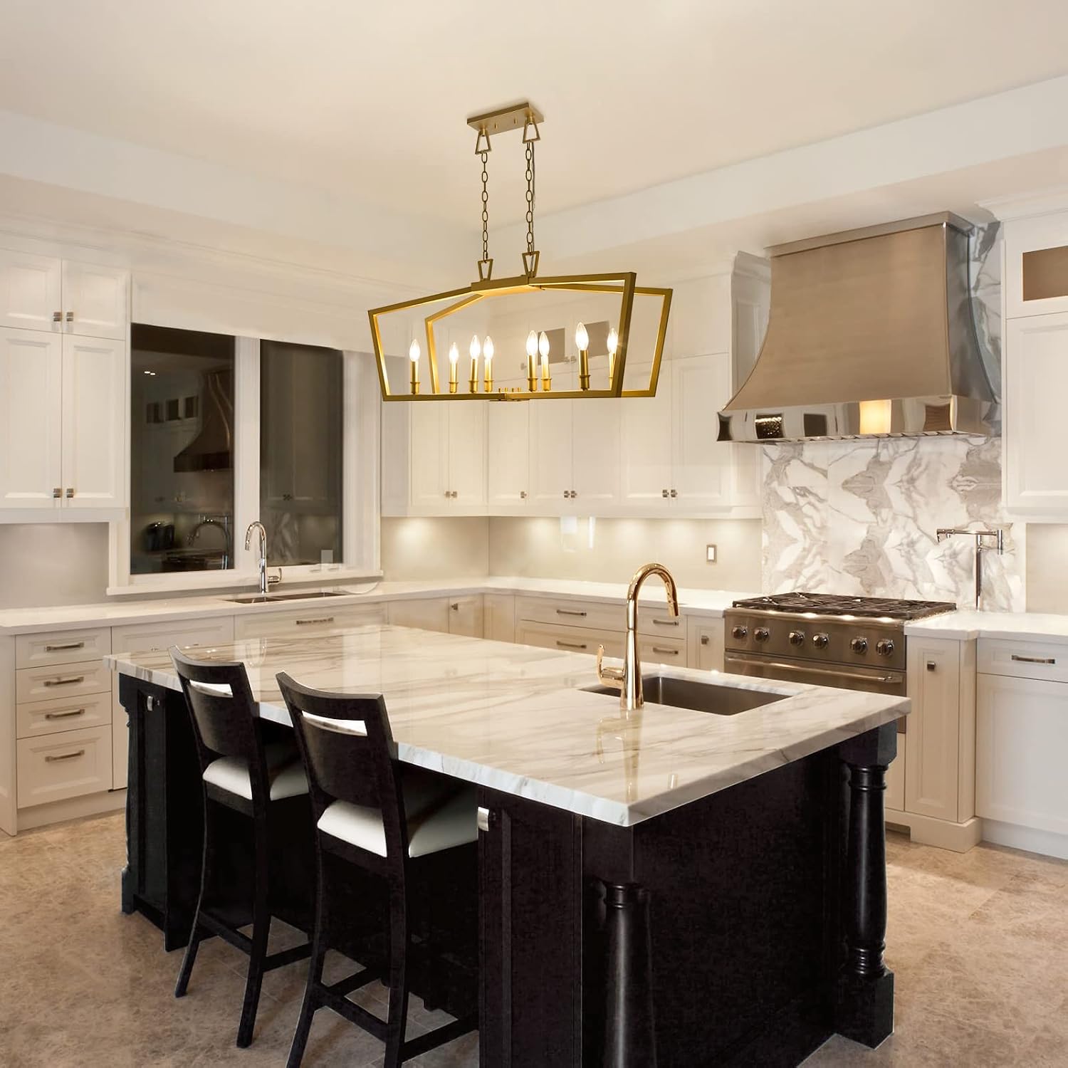 KSANA Modern Gold Chandelier, 8-Light Gold Kitchen Chandeliers for Dining Rooms, 37’’ Large Rectangle Hanging Pendant Lighting for Kitchen Island & Living Room, Soft Gold Finish