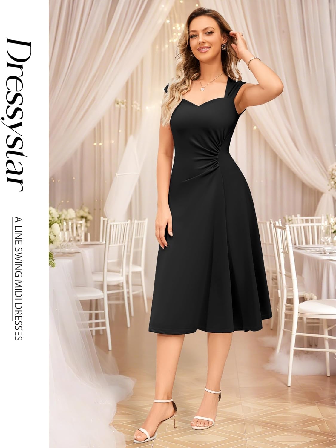 Dressystar Women's Midi Formal Wedding Guest Dress 2026 Sleeveless Ruched Flowy A Line Swing Cocktail Evening Party Dresses - Image 6