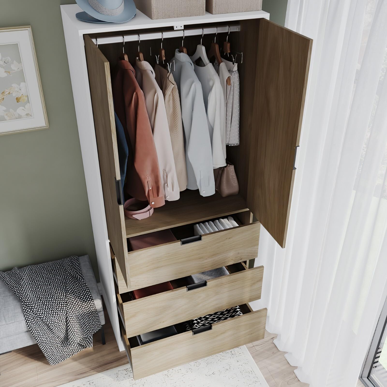 URBNLIVING Modern 2 Door Wardrobe with 3 Drawers & Hanging Rail, Stylish Freestanding Storage, Spacious Interior - Image 6