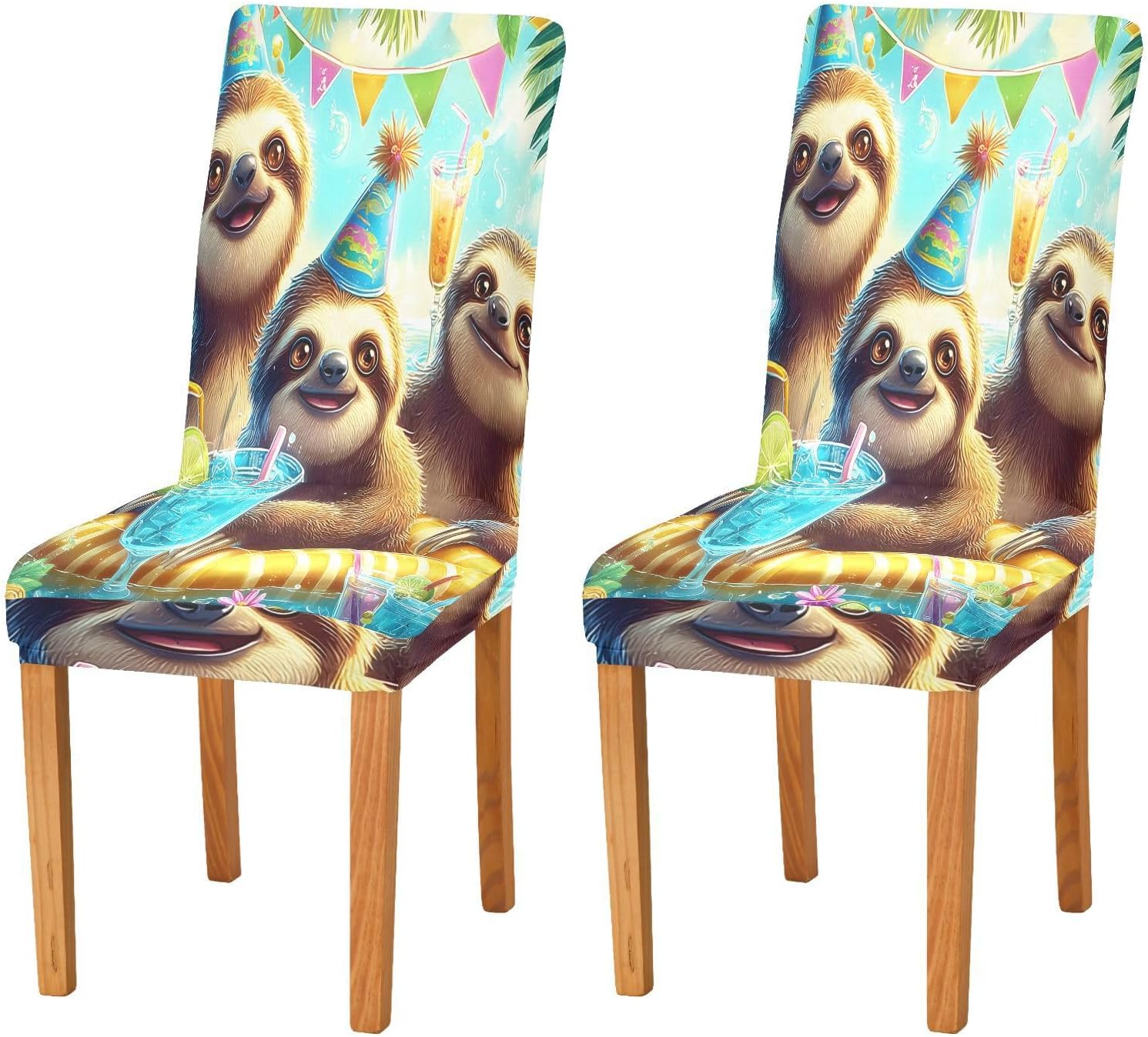 ALAZA Chair Covers for Dining Room, Threes Sloth Summer Stretch Chair Cover Sets Chair Protector Removable Washable for Ktichen Restaurant Hotel