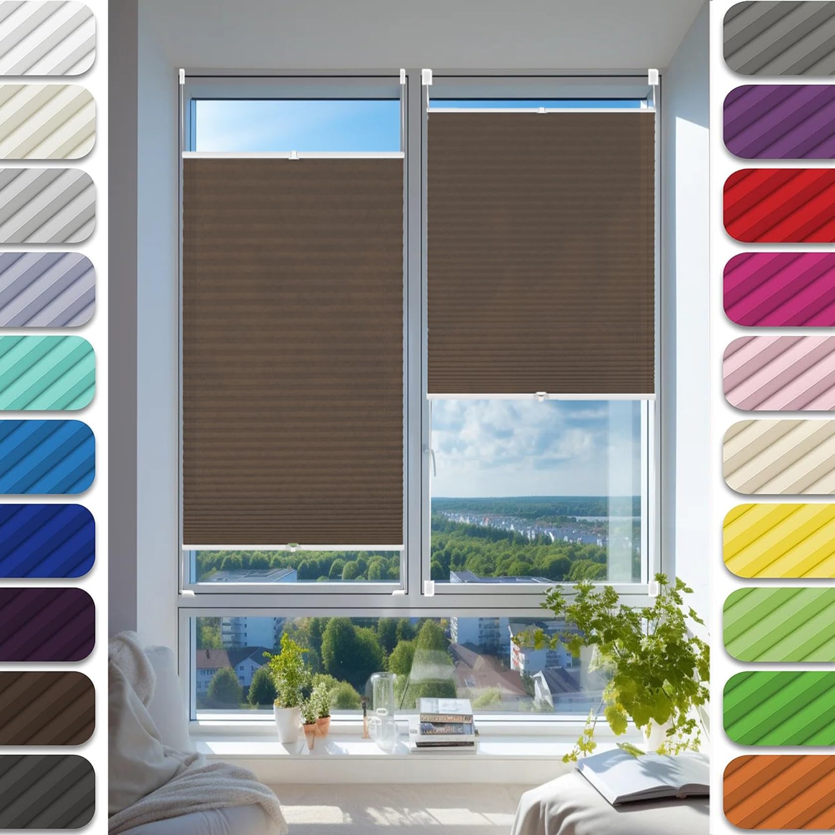 Plissee Klemmfix Ohne Bohren 35 x 40 cm, Plissee Ohne Bohren nach Maß, Wabenplissee Doppelplissee Klemmfix, Thermo Plissee ohne Bohren, für Fenster & Tür, Braun