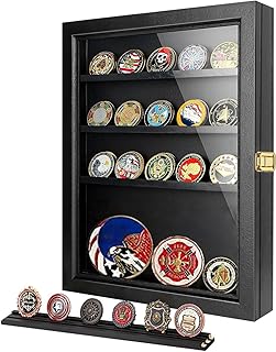 Challenge Coin Display Case, Coin Collection Display Stand with Removable Dual Recessed Shelves for Wall Military Medal Sh...