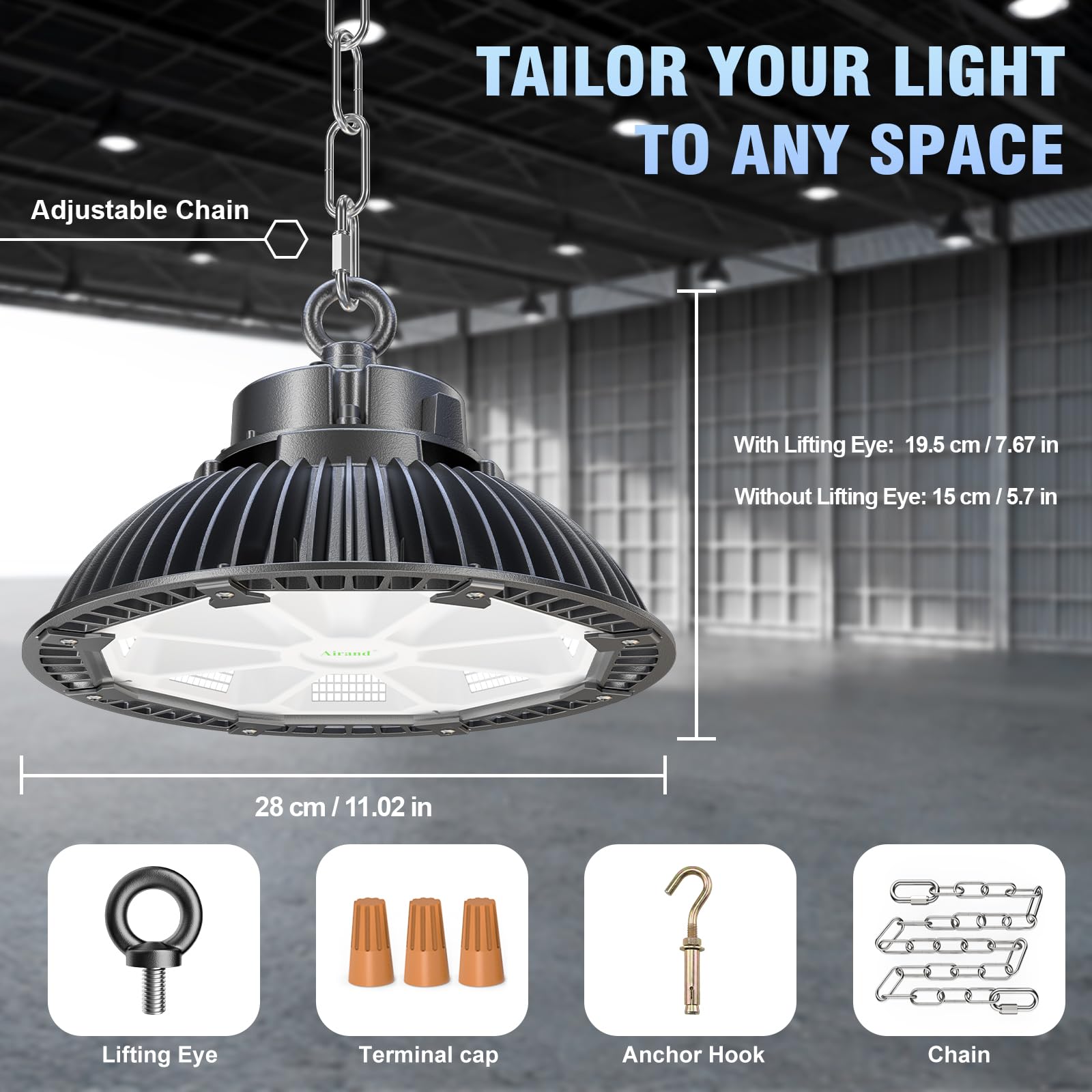 Airand Faretto LED per interni, 200 W, UFO 28000 lm, IP65, impermeabile, High Bay per garage, terrazza, cantieri, sala, fienile 5500 K