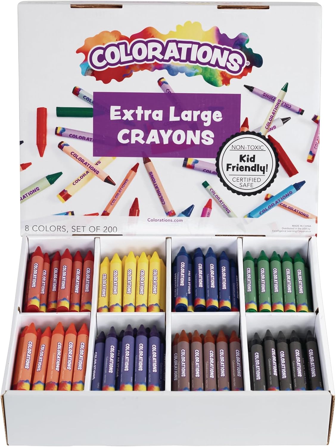 Colorations Extra Large Crayons - Non-Toxic, Set of 200, 8 Colors, Each 4-1/2"L x 1/2"D - School Bulk Supplies