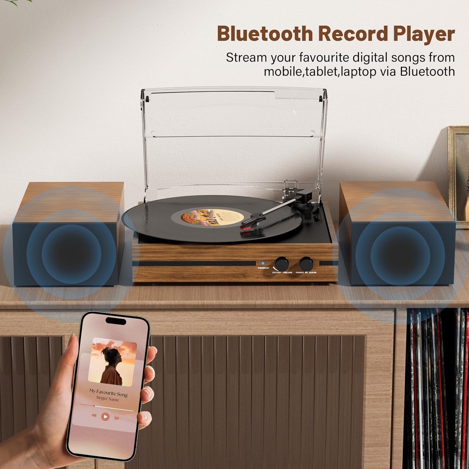 Vinyl Record Player with Dual Stereo Bookshelf Speakers Vintage Belt Drive Bluetooth Turntable with External Speakers,Convert Vinyl to MP3,LP Players AUX Headphone Input RCA Out - Image 2
