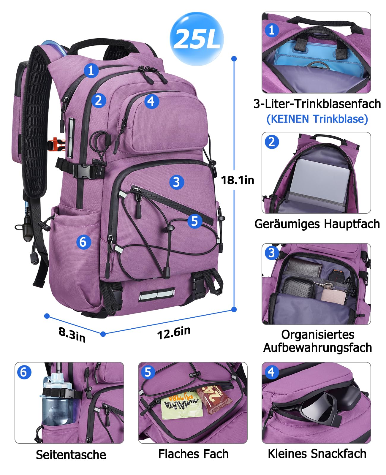 Plecak trekkingowy dla mężczyzn i kobiet, 25 l, mały plecak, lekki plecak podróżny z uchwytem na telefon, plecak trekkingowy z paskami odblaskowymi, na kemping, wędrówki, fioletowy, duży