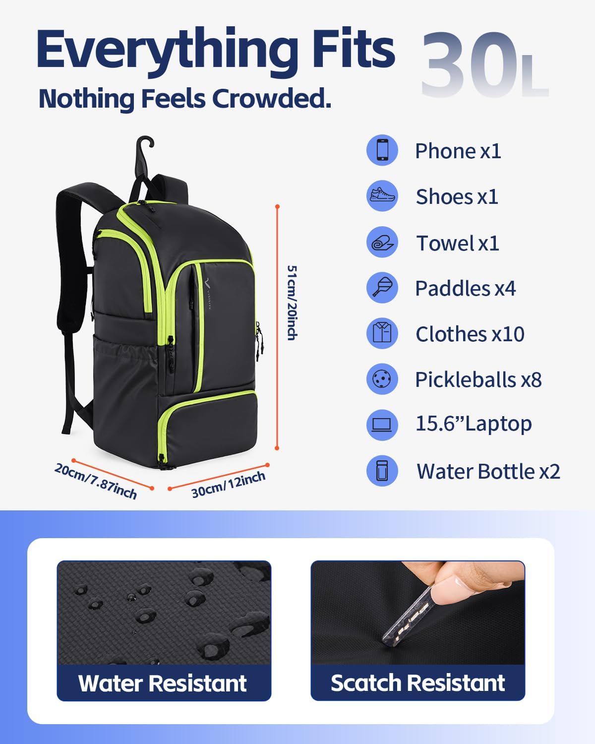 Pickleball Bag for Men Women, Pickleball Backpack with Detachable Paddle Sleeve, Large Capacity Sports Bag with Shoe Compartment, Travel Gym Backpack Fits 15.6" Laptop