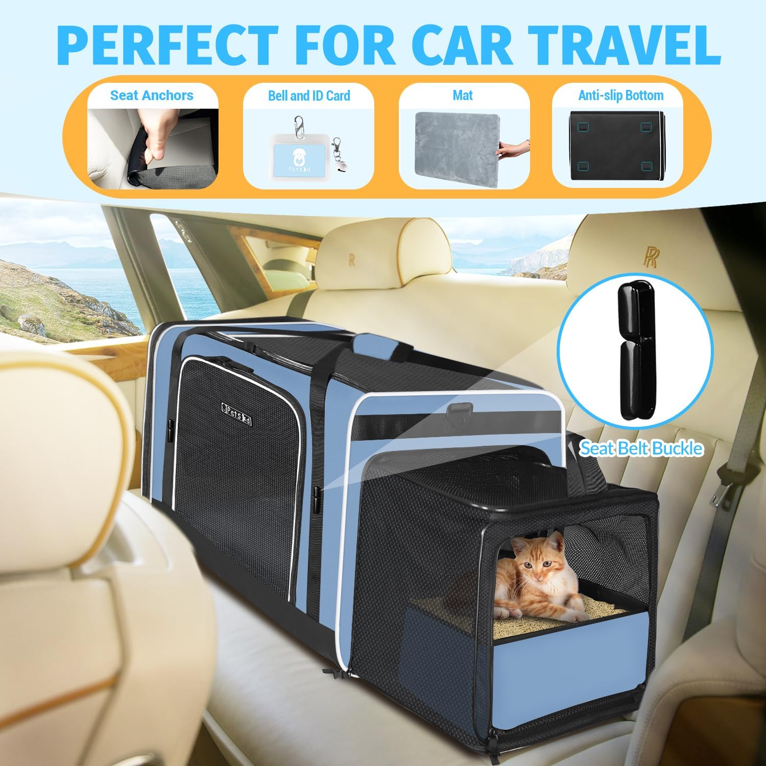 24"x17"x17" Petskd Side Expandable Extra Large Cat Carrier with Litter Box Area for Car Travel, Collapsible Soft Large Pet Carrier or 2 Cats Under 55LBS with Seat Belt Buckles(Blue)