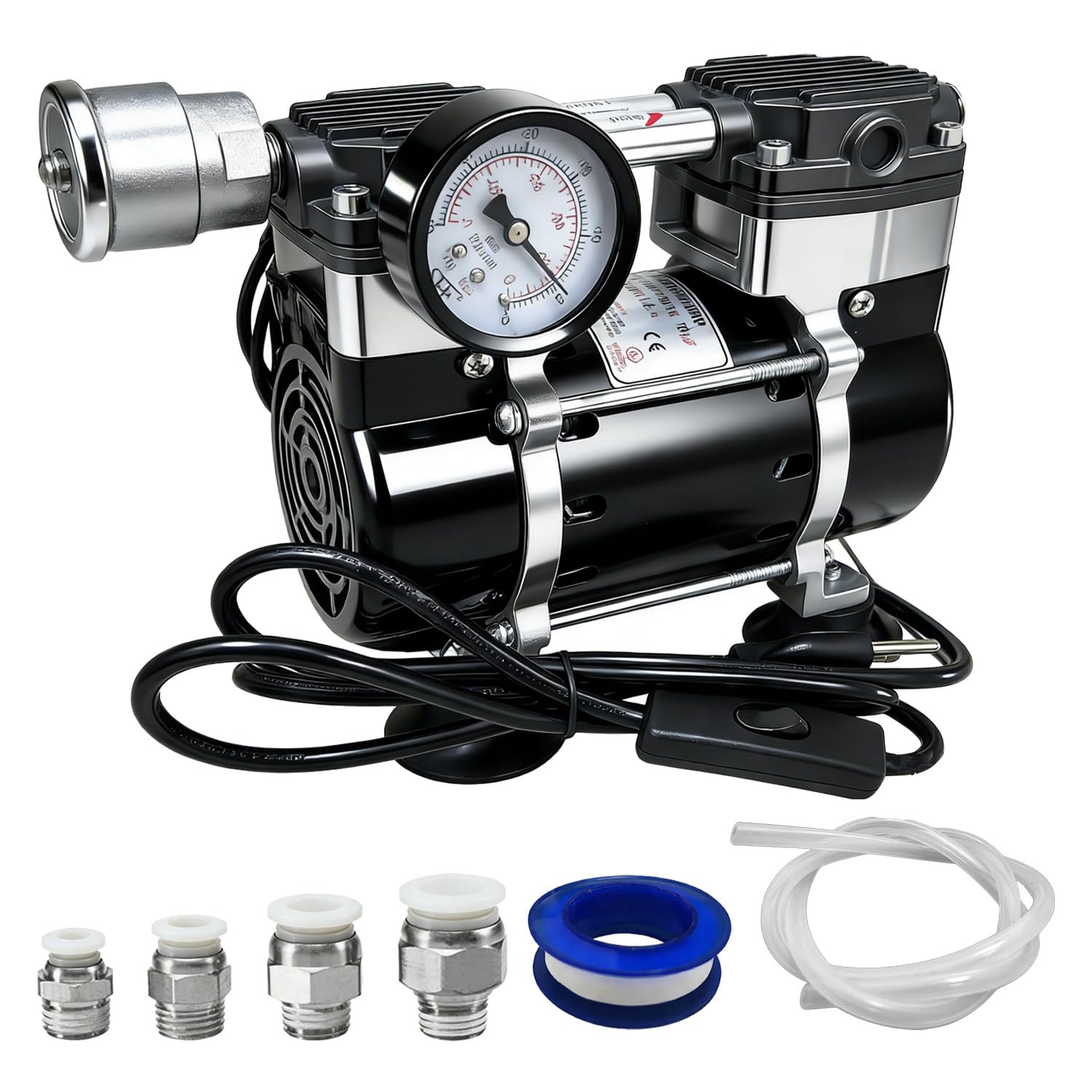 Oilless Vacuum Pump 50 L/Min, 180W Diaphragm Vacuum Pump with Switch & Vacuum Gauge, Low-Noise Aluminum Silencer, 4 Hose Connectors, for Laboratory, Electronics & DIY Use