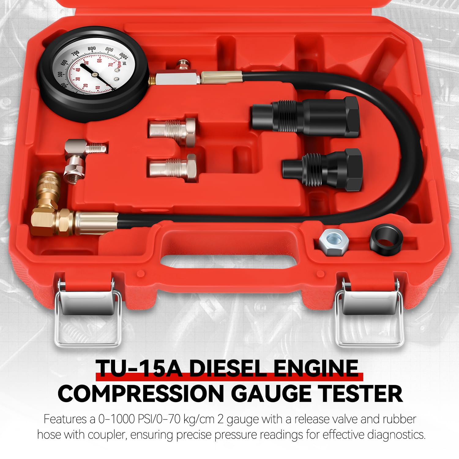 Auto Dynasty TU-15A Diesel Engine Compression Gauge Tester Adapters Cylinder Pressure Meter Teste Tool Kit Compatible with Trucks Cars, Red