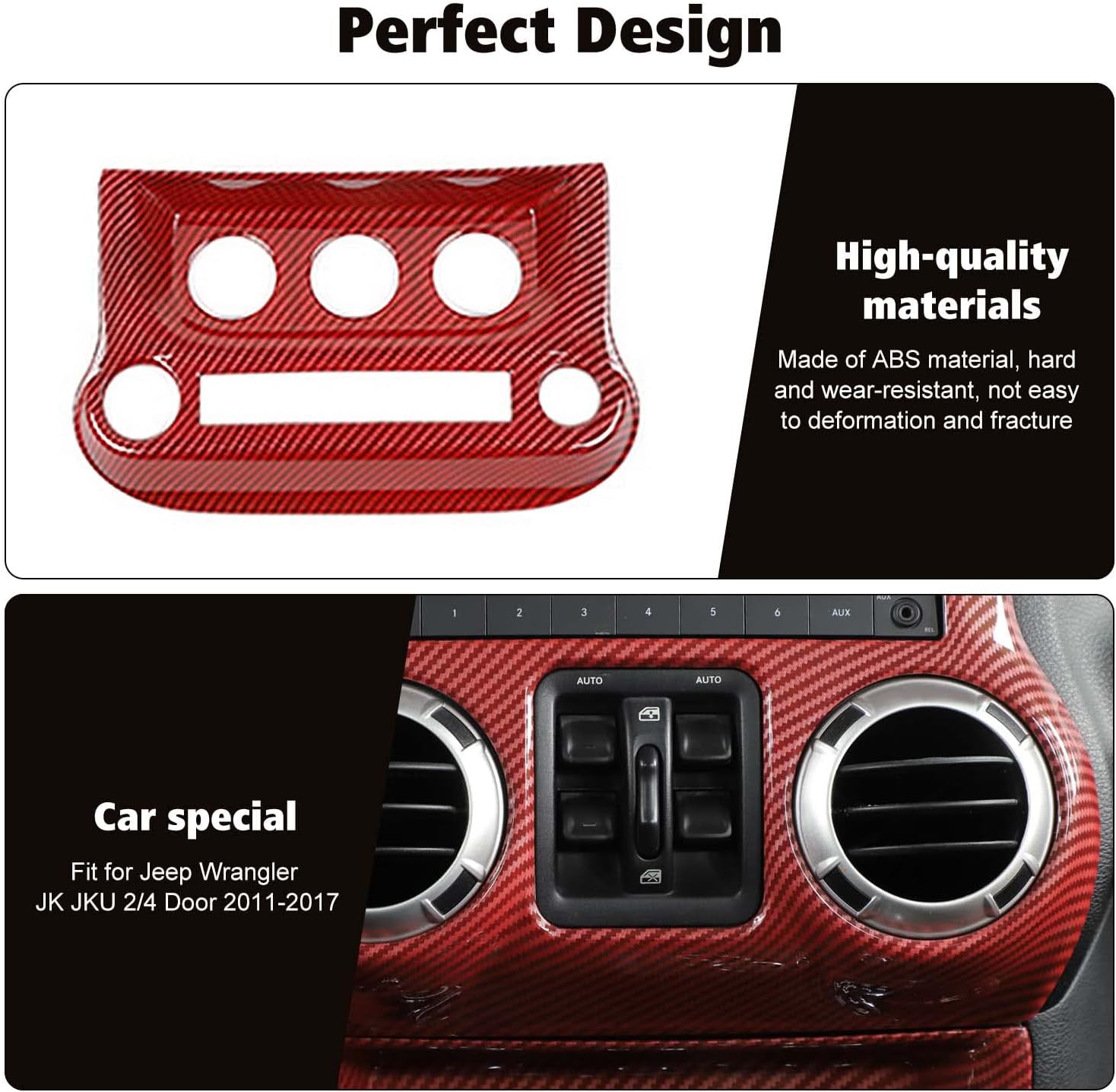 RT-TCZ Center Console Dashboard Panel Cover Trim & Air Conditioning Switch Panel Cover Trim Kit Decoration Interior Accessories for Jeep Wrangler JK JKU 2/4 Door 2011-2017,Red Carbon Fiber