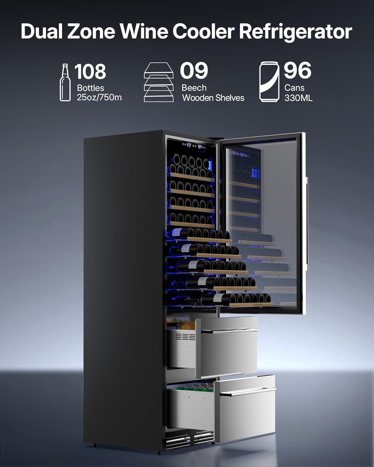 Upstreman Wine and Beverage Refrigerator, 24 Inch 2 IN 1 Dual Zone Wine Cooler, Built-in or Freestanding Beverage Fridge for Home Bar Kitchen, Soft LED Light Hold 108 Bottles & 96 Cans