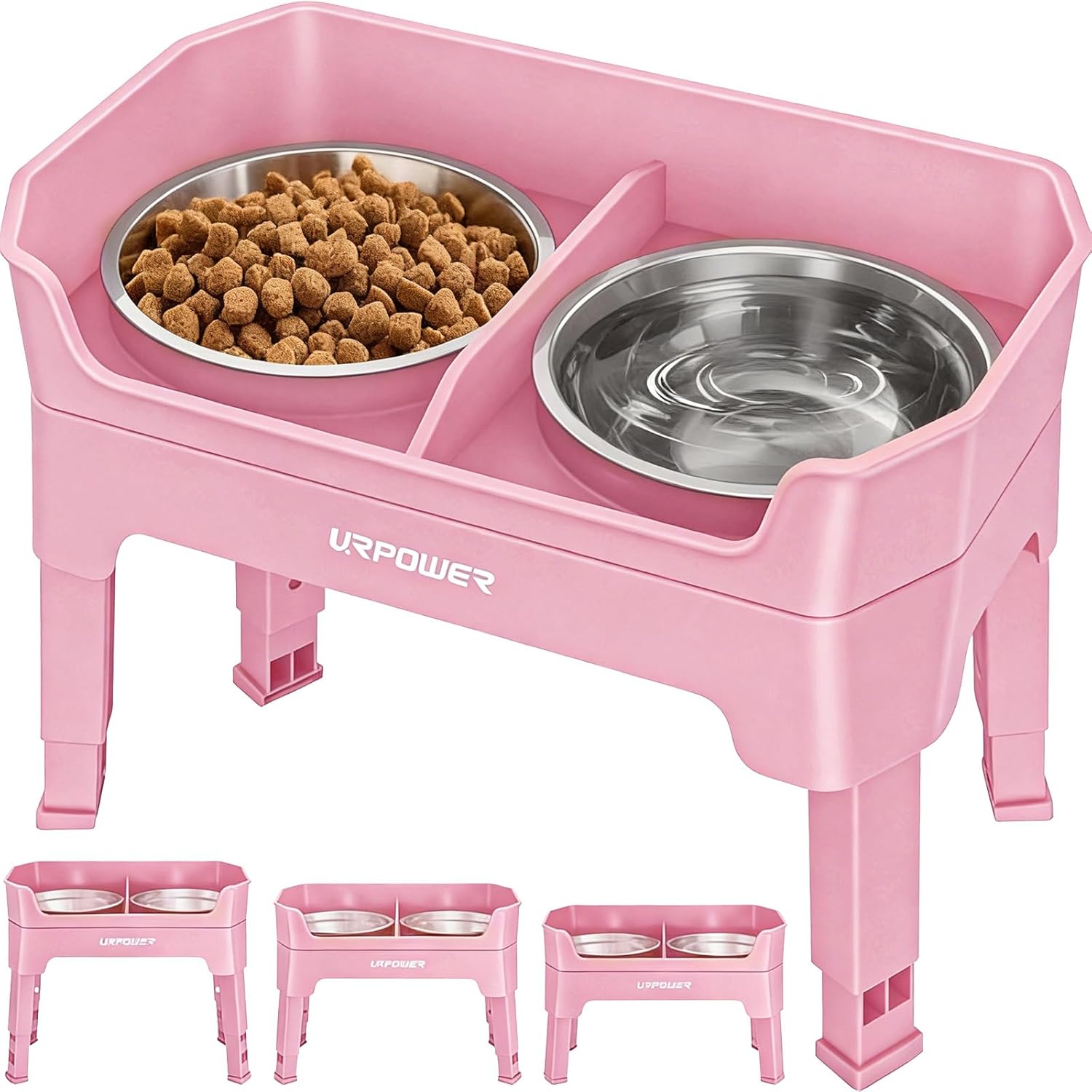URPOWER 3-in-1 Elevated Dog Bowls - Mess Proof Double Deck 4 Height Adjustable Raised Stand with 2 Stainless Steel Food Bowls & Licking Plate for Small, Medium & Large Dogs