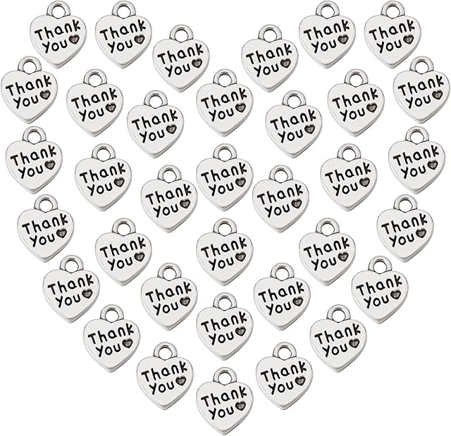 PandaHall Ellite 20pcs Thank You Heart Charms Pendants Metal Heart for Necklace Bracelet Jewellery DIY Craft Making Valentines Day Gifts, Hole: 2mm, Antique Silver