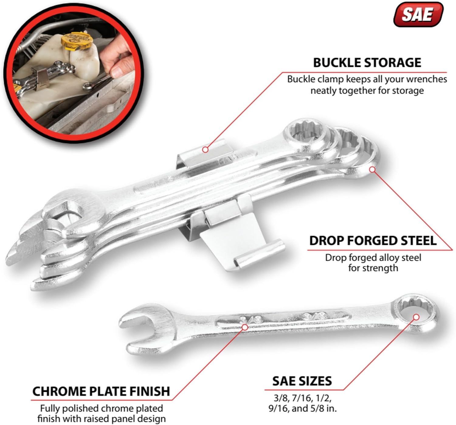 Performance Tool 1405 SAE Sizes: 3/8, 7/16, 1/2, 9/16 and 5/8-Inch Alloy Steel Combination Wrench Set for Heavy Duty Mechanics and DIY Enthusiasts