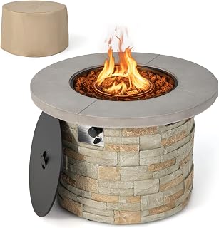 Giantex Propane Gas Fire Pit Table - 2-in-1 Outdoor 36” Round Fire Table W/ Volcanic Rock & PVC Cover, Stainless Steel Burner, 50,000 BTU Heat Output, Faux Stone Surface Outside Fireplace for Patio