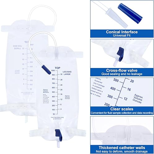 Miniatura 2 de Geiserailie 20 bolsas de catéter para piernas, bolsa de drenaje urinario con válvula antirreflujo, suministros de catéter con 2 soportes