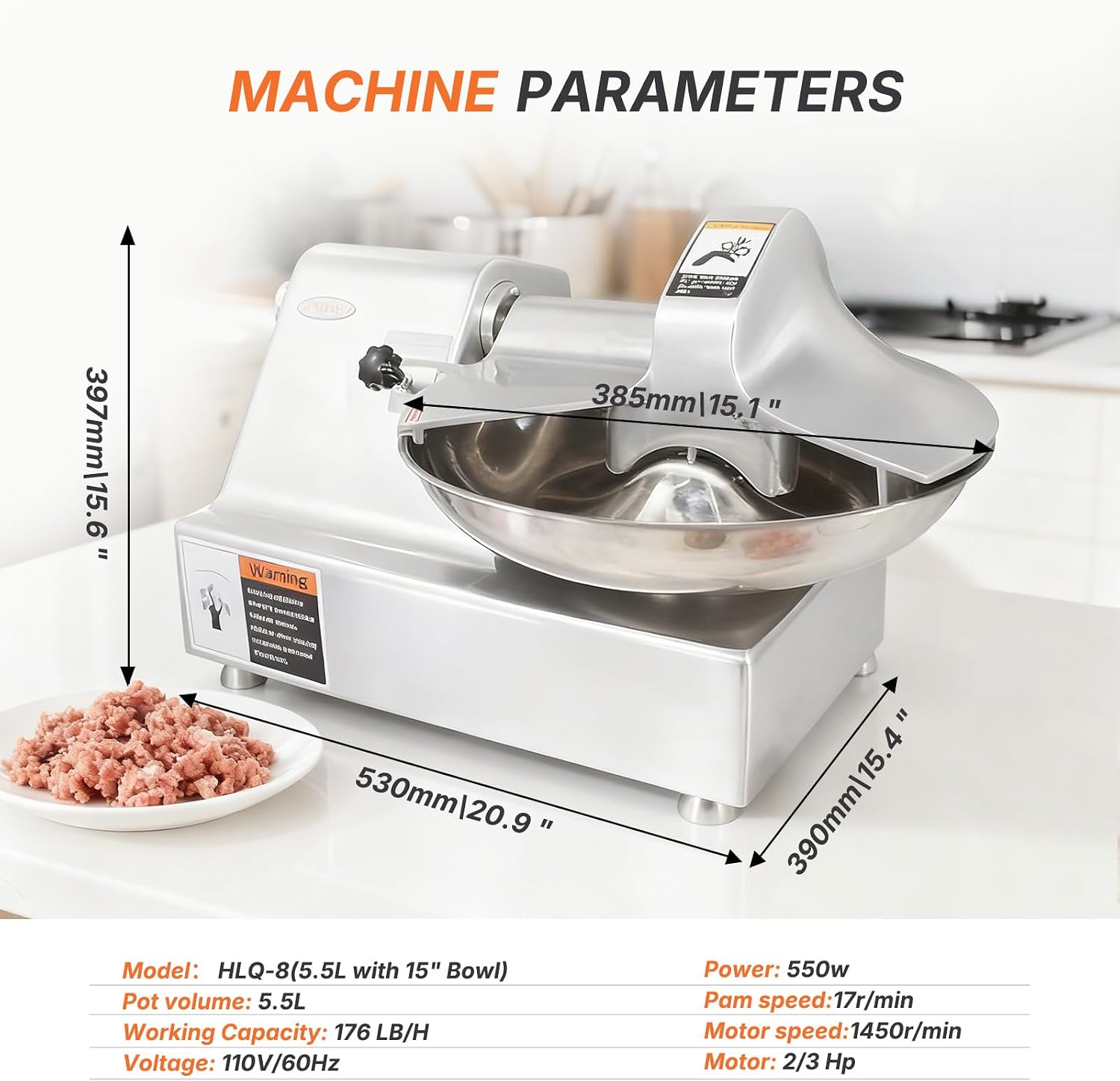 Hakka Commercial 5.5 L Multifunction 15in Meat Bowl Cutter Mixer and Buffalo Chopper Food Processor Heavy Duty Food Mixing Meat Grindering Meat Chopping Machine