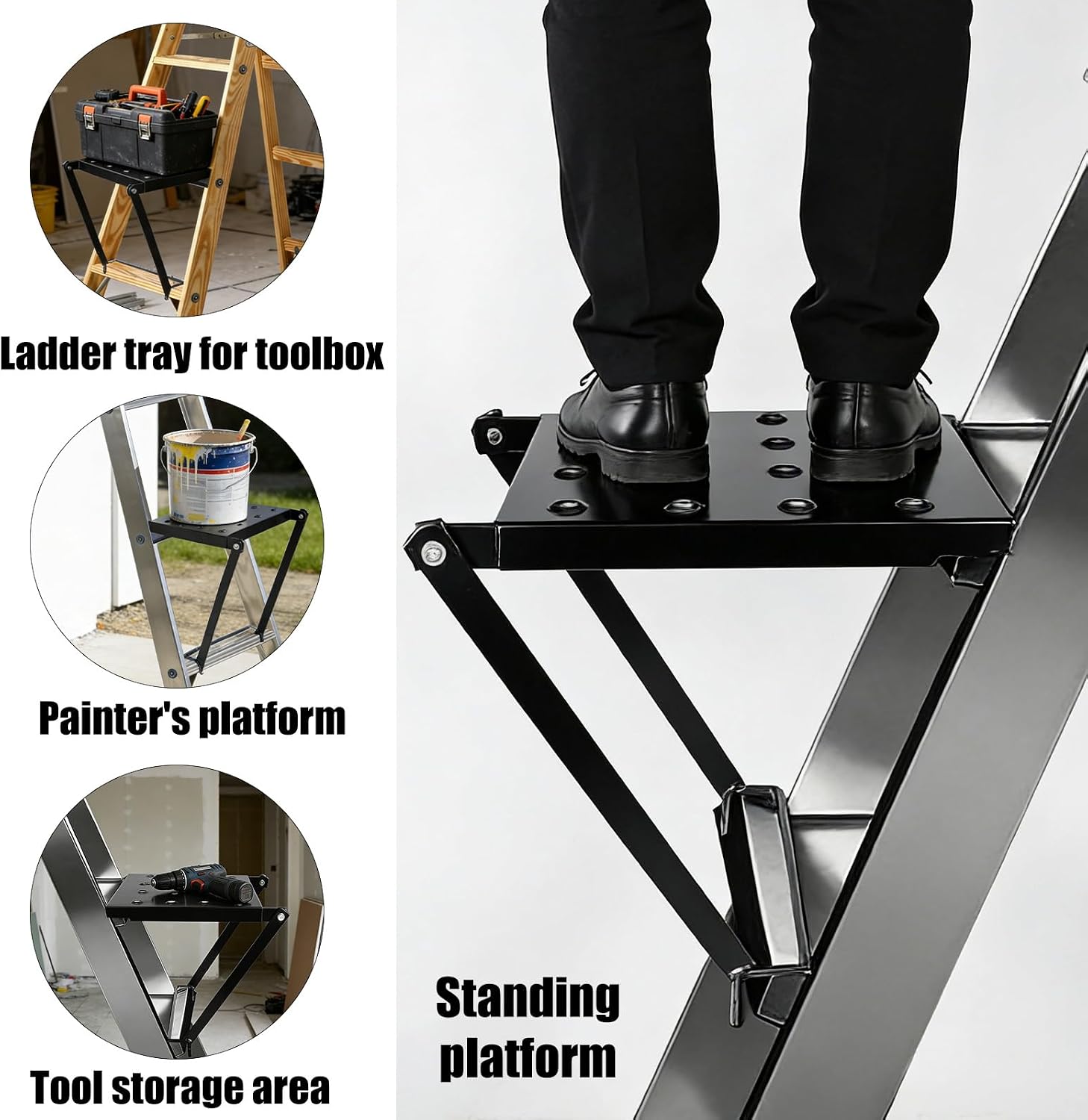 Foldable Ladder Platform, 300lbs Capacity Non-Slip Stable Work Tray Attachment Metal Ladder Step Levelers Platform Extension for Painters, Tools & DIY (Black)
