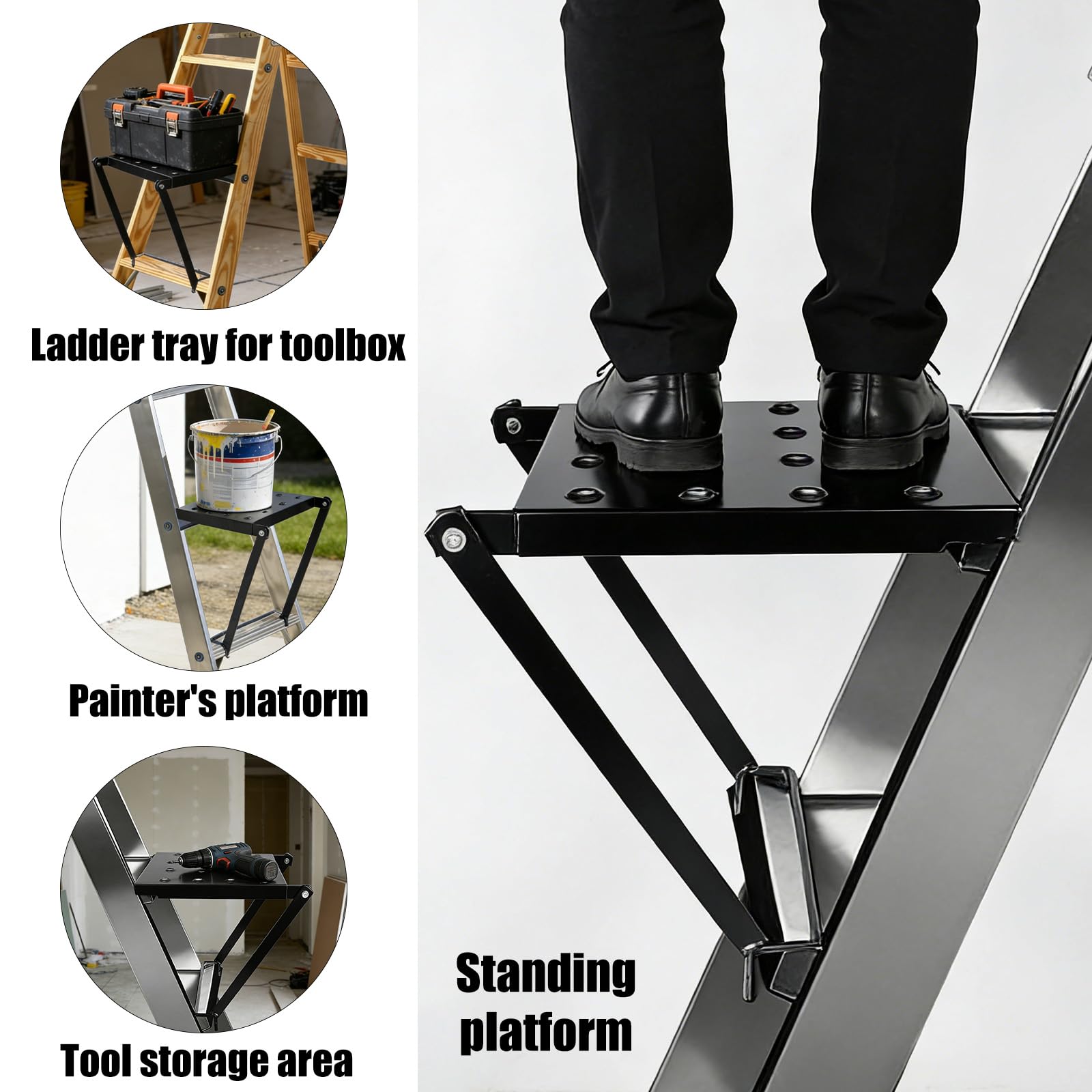 Plateforme d'Échelle Pliable, Capacité de 136kg Plateau de Travail Stable et Antidérapant Plateforme en Métal pour Peintres Outils et Bricolage (Noir)