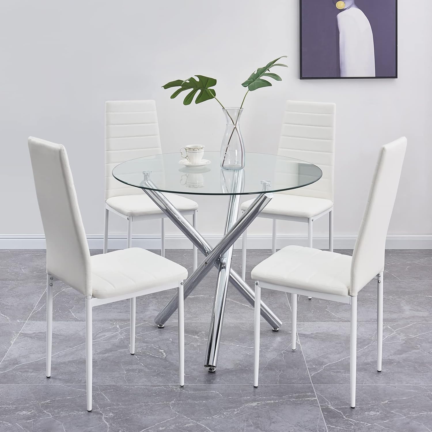ROOIOME Round Glass Dining Table Set 5 Pieces Dining Table