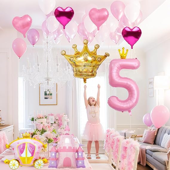 Princess Birthday Balloons,Large Pink Crown 5 Balloon,Castle Balloon Gold Crown Foil Balloons Carriage Balloon,5th Girl Princess Party Decorations Supplies Favors(5th)