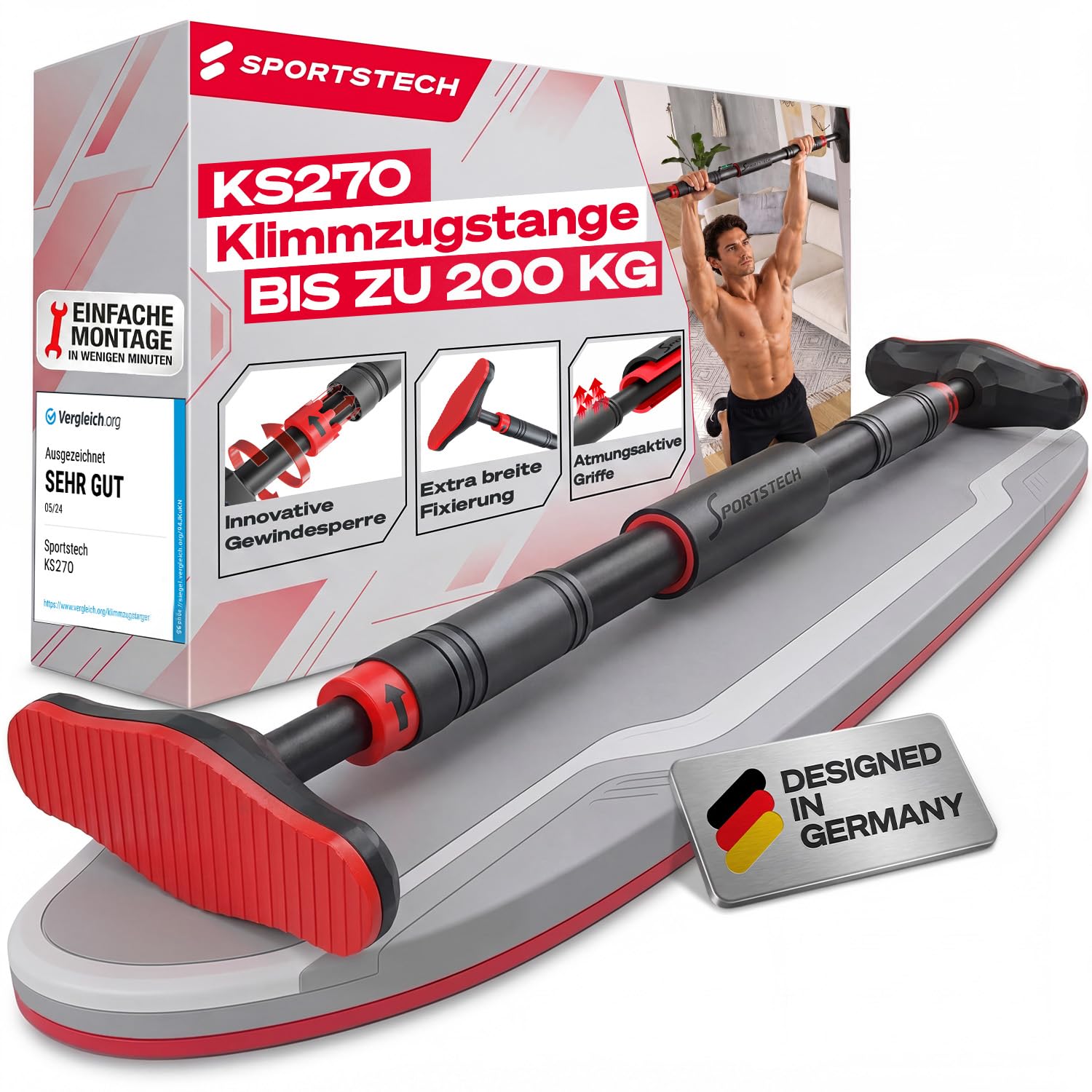 Klimmzugstange Türrahmen ohne Schrauben – Pull Up Bar mit Gear-Lock | bis 150/200 kg, anpassbar bis 90 cm | Türreck für Klimmzüge, Dips & Calisthenics zuhause | SPORTSTECH KS260 / KS270 inkl. eBook