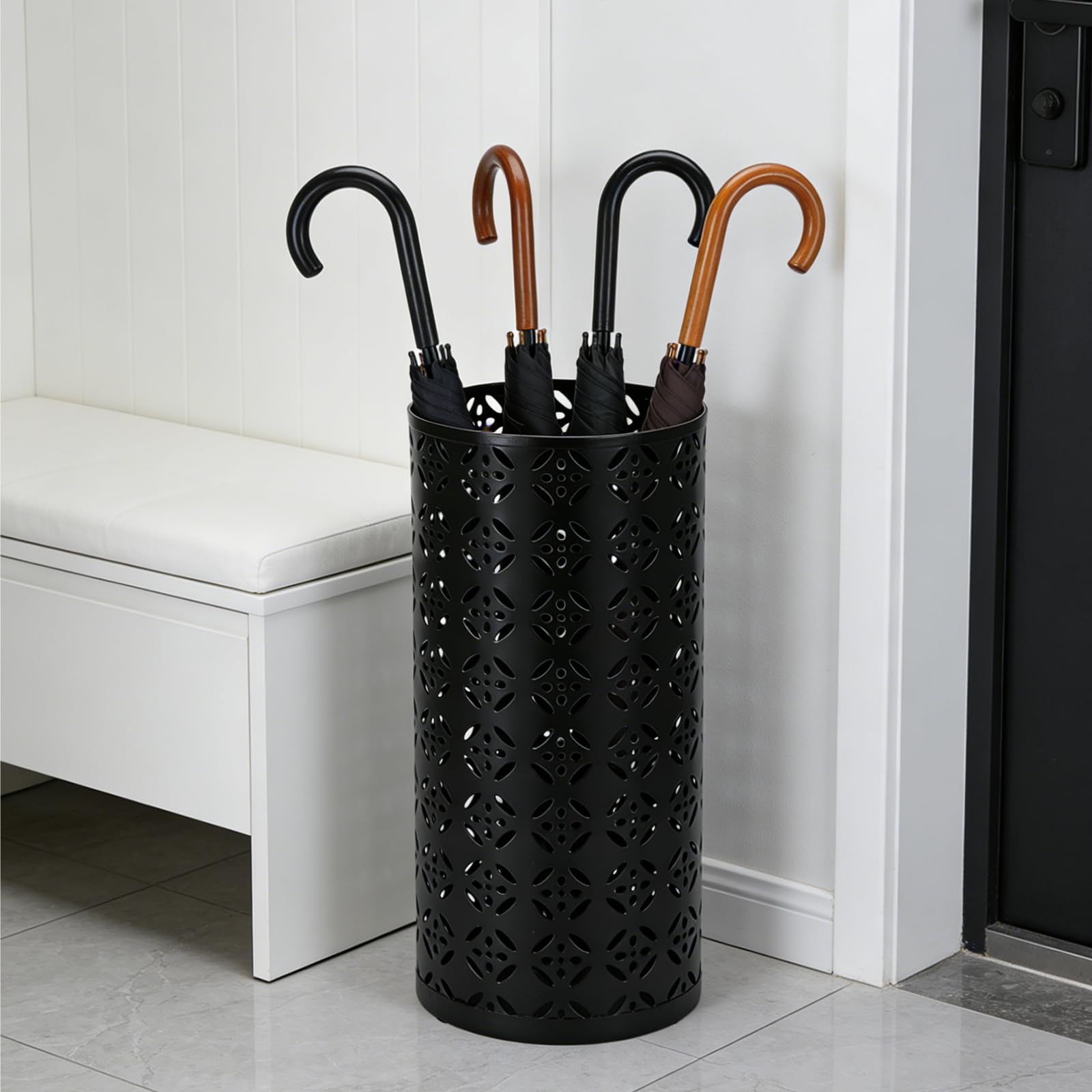 PORFOYO Stojak na parasole okrągły z metalu czarny 15 x 15 x 35 cm wolnostojący do przedpokoju domu holu biura