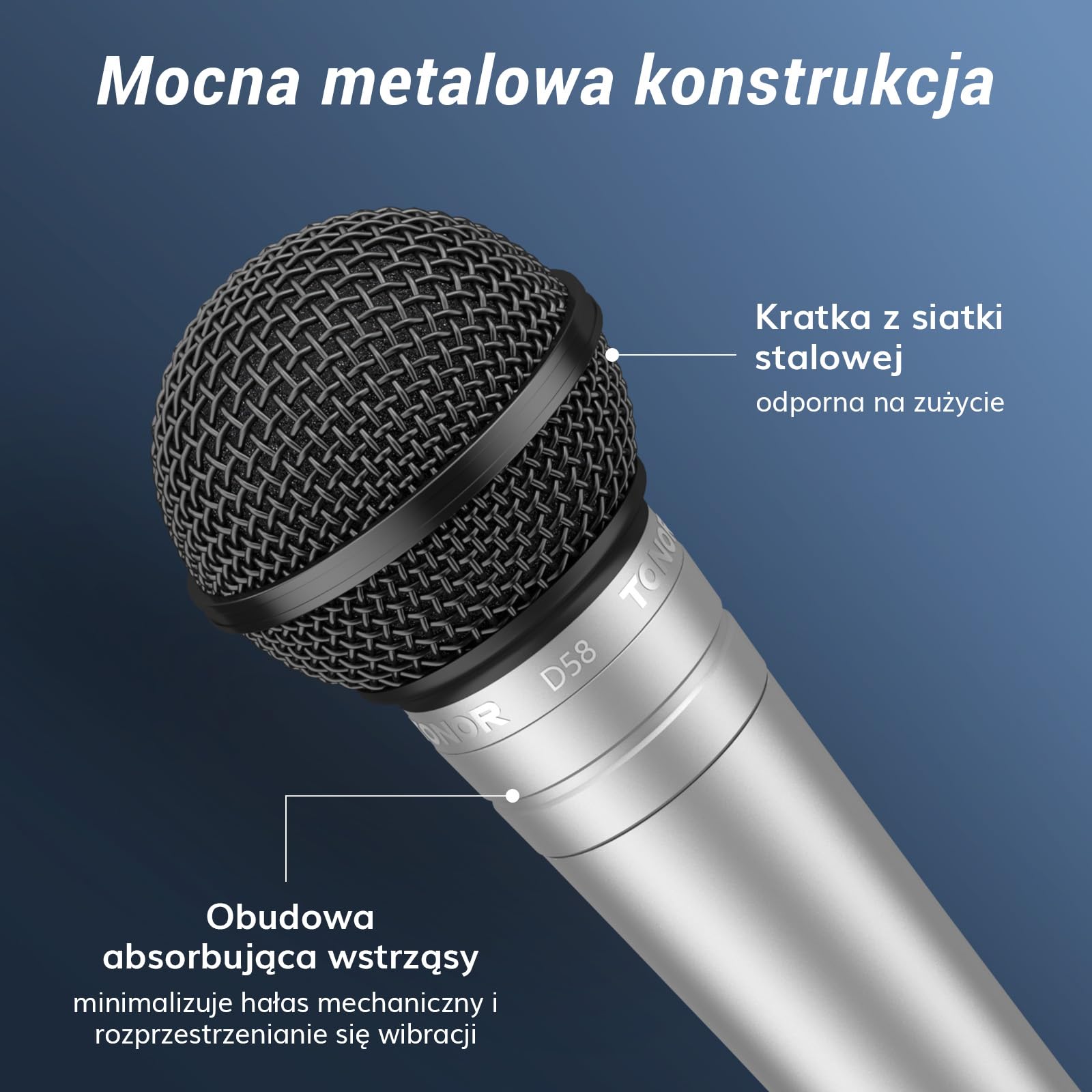 TONOR Kardioidalny Mikrofon Wokalny, Przewodowy Z Wbudowanym Filtrem Pop i Siatką Sferyczną, Ręczny Z Redukcją Szumów, Wyjście XLR 6,35 mm, Do Śpiewu, Sceny, Nagrywania, D58 Srebrny