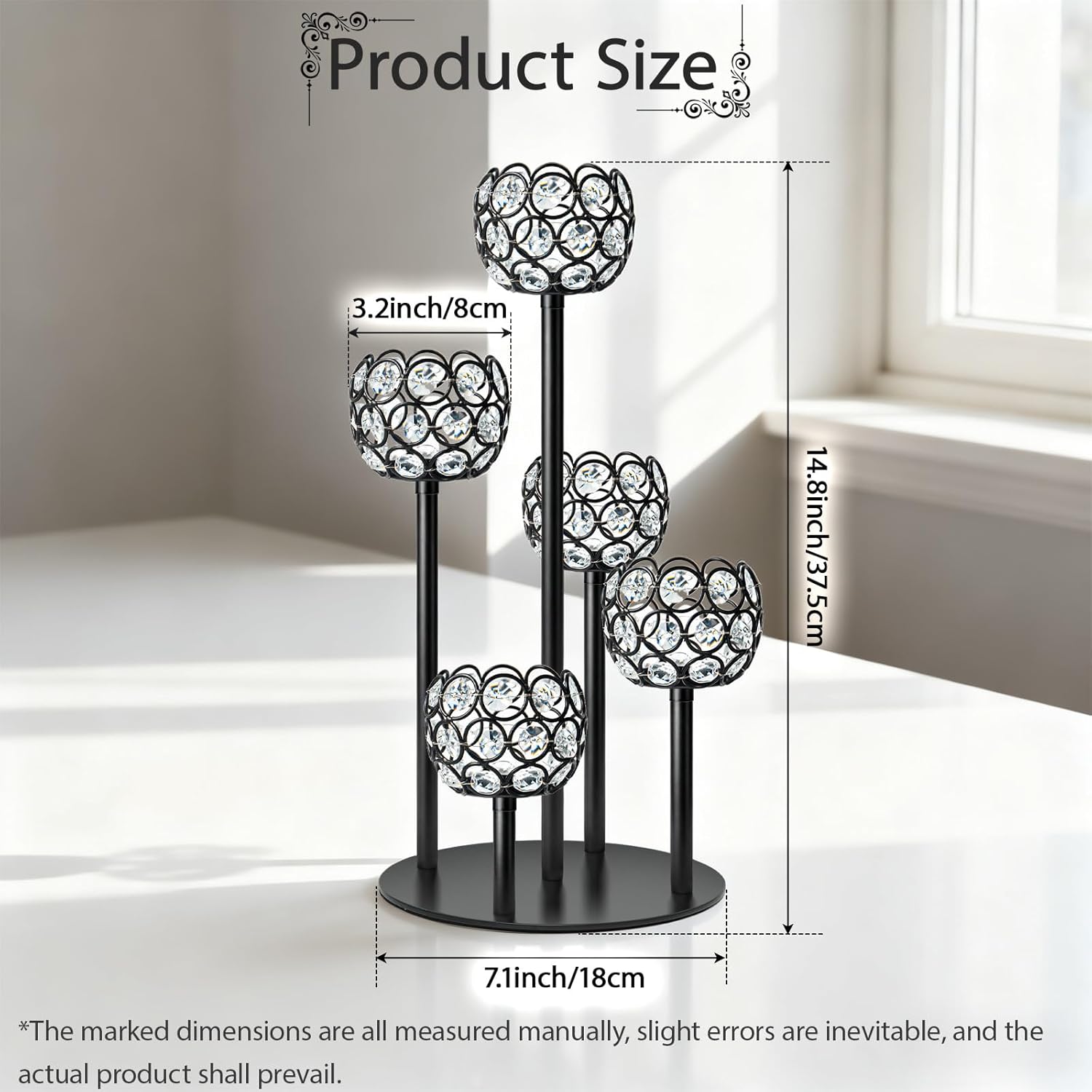 5-Arm Crystal Tealight Candelabra Centerpiece, 14.8 Inch Metal Candle Holder for Table Decor, Wedding, Christmas, Party, Anniversary & Home Decoration (1, Black, S-14.8 in)