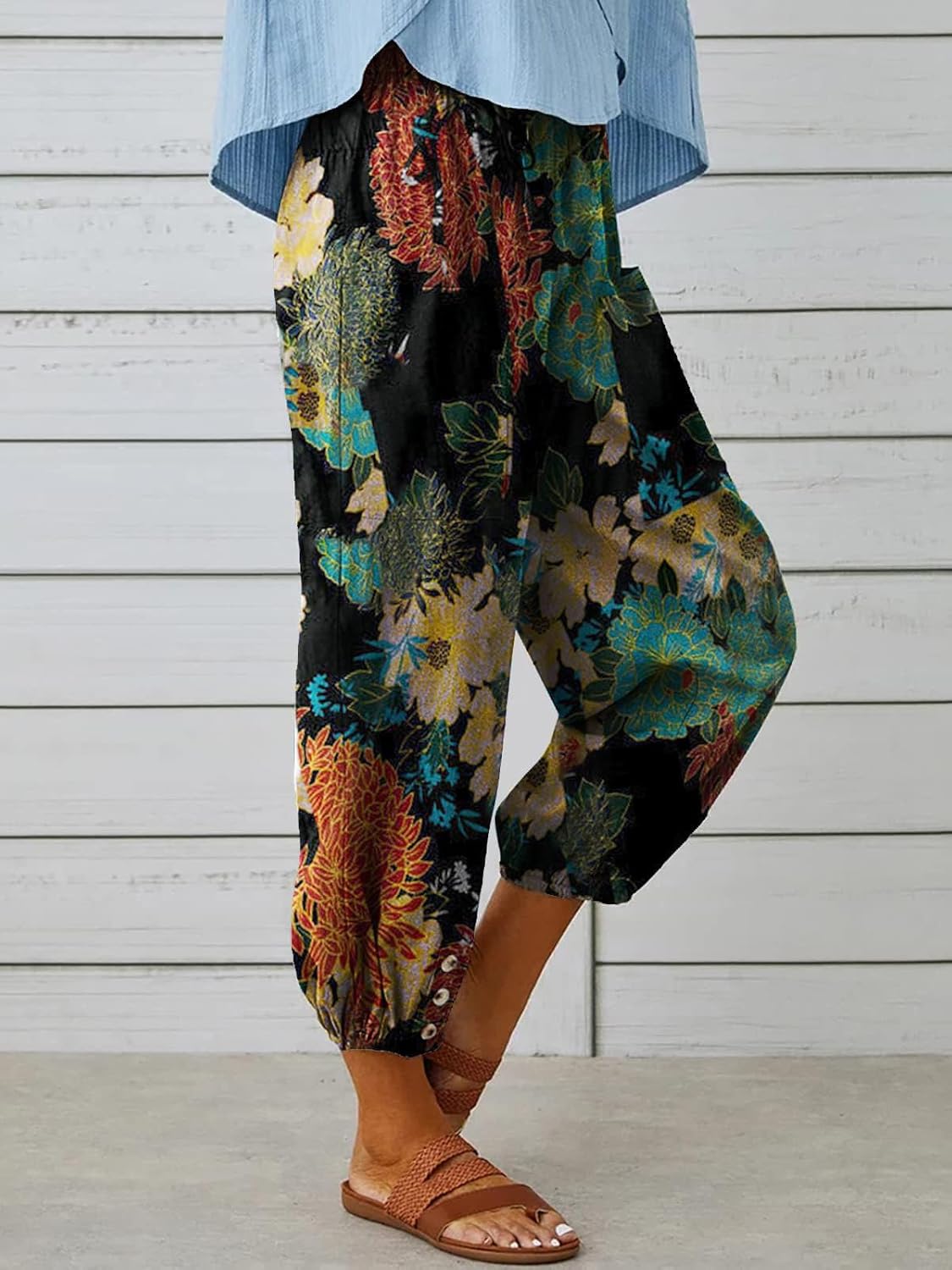 Womens Capri Pants Cotton Linen Cropped Trousers Summer Wide Leg Drawstring High Waist Palazzo Pants with Pockets - Image 3