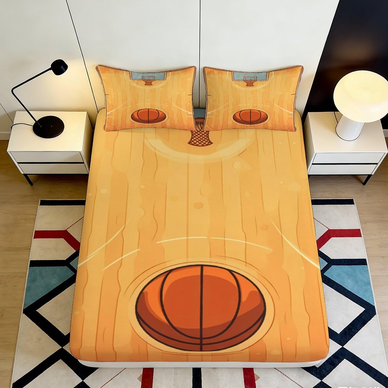 3D Printed Basketball Court Fitted Sheet Microfiber Durable Soft Bed Cover with Hoop and Ball Design Mattress Cover for Bedroom Dormitory Guest Room 160x200x25cm