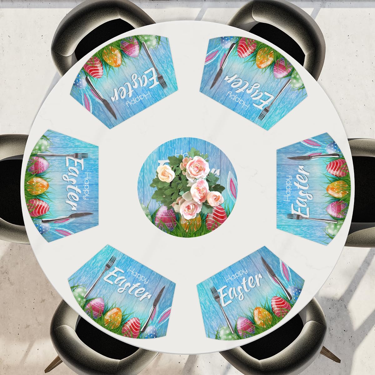 Easter PVC Placemats for Round Table Set of 4 with Centerpiece Mat, Happy Easter Eggs Rabbit Ear Spring Grass Wedge Table Washable Heat Resistant Dining Mat for Kitchen Christmas Party