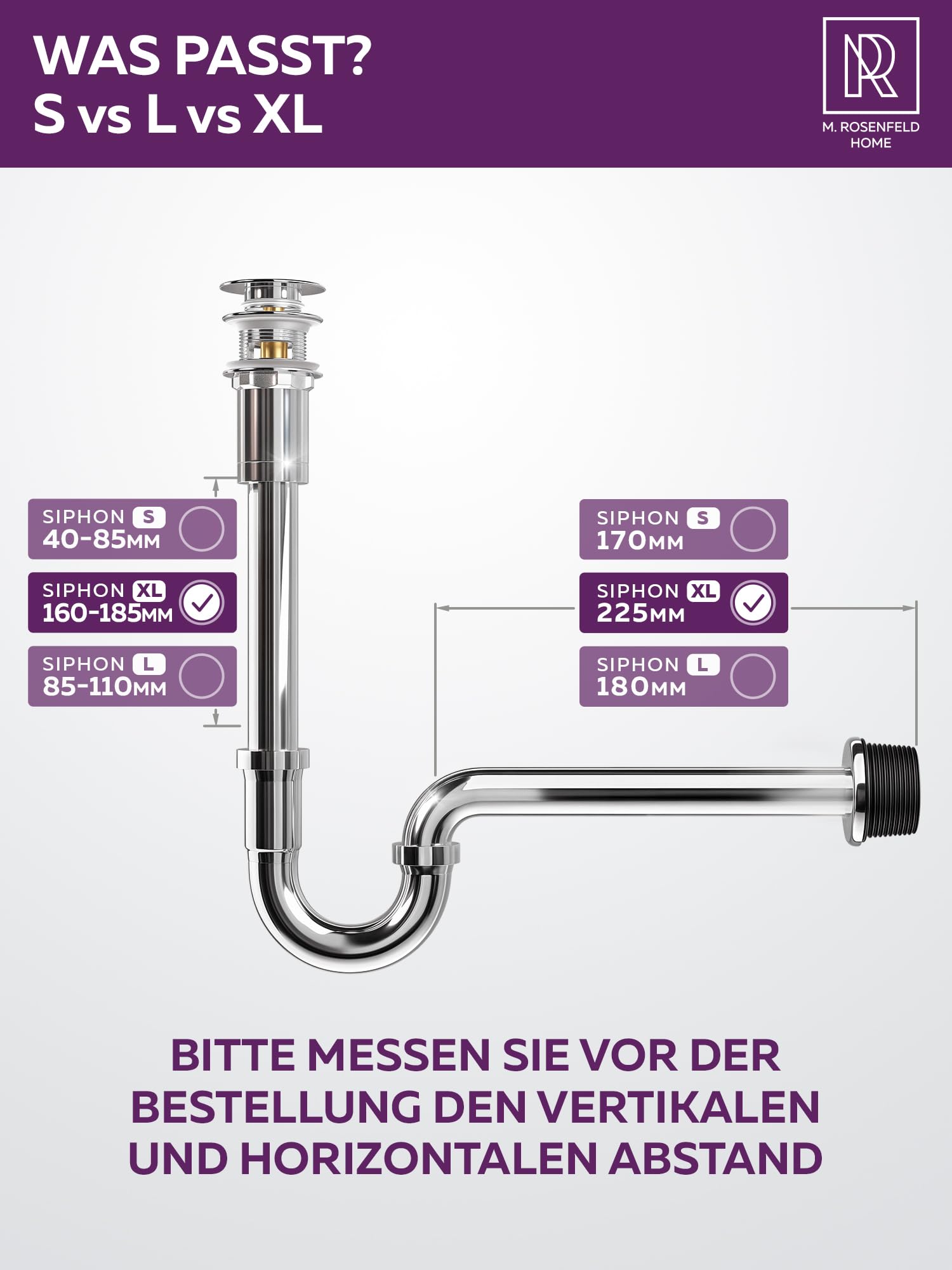 Siphon Sink 1 1/4 Inch Size XL, Height Adjustable Tube Siphon 165-185 mm, Stainless Steel Odour Trap - Image 2