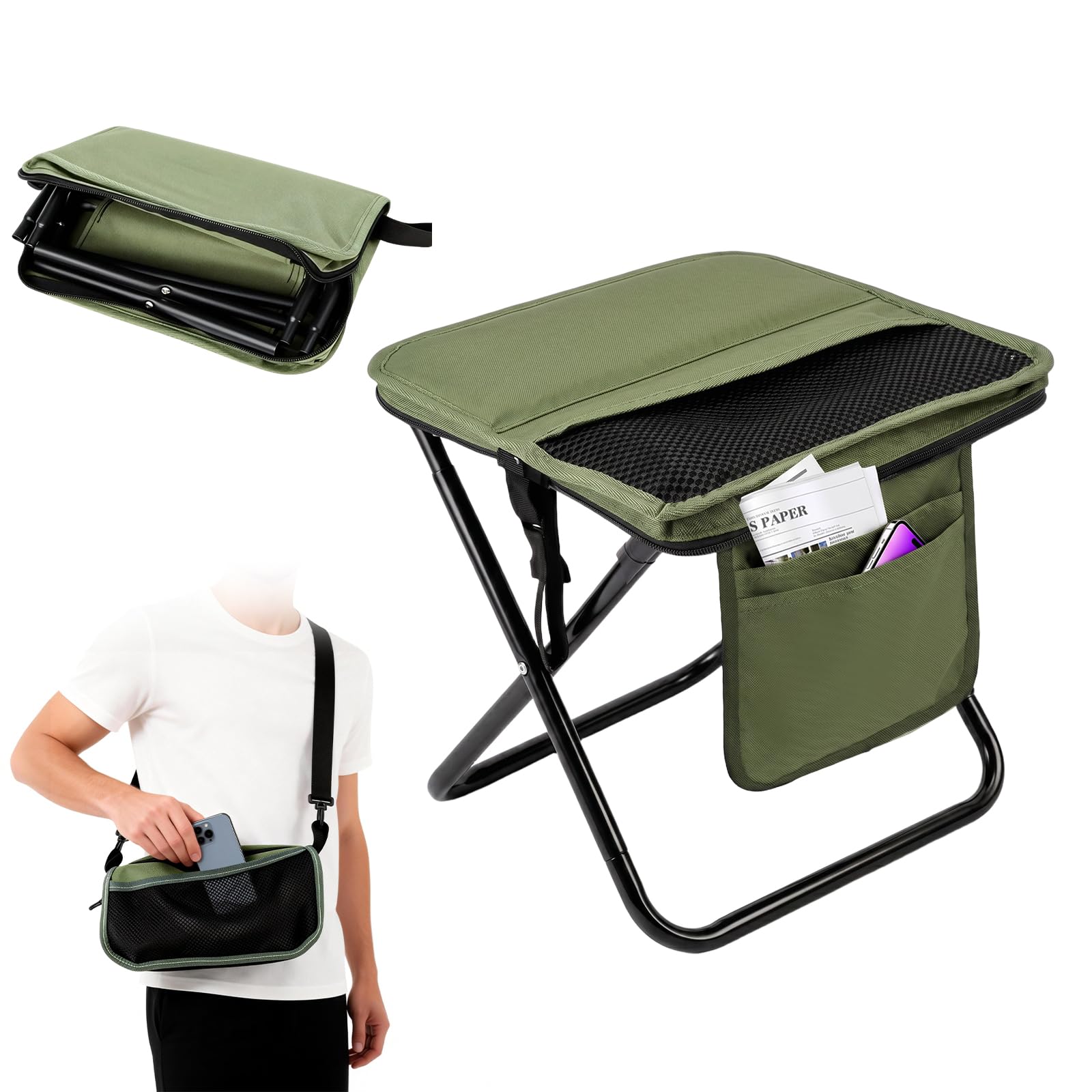 QottmezKlappstuhl Faltbar 33×26,5×32 cm – Leichter Campinghocker bis 120 kg, Tragbarer Klapphocker mit Tasche, Campingstuhl Klappbar Leicht für Wandern, Angeln & Camping Erwachsene (Grün)