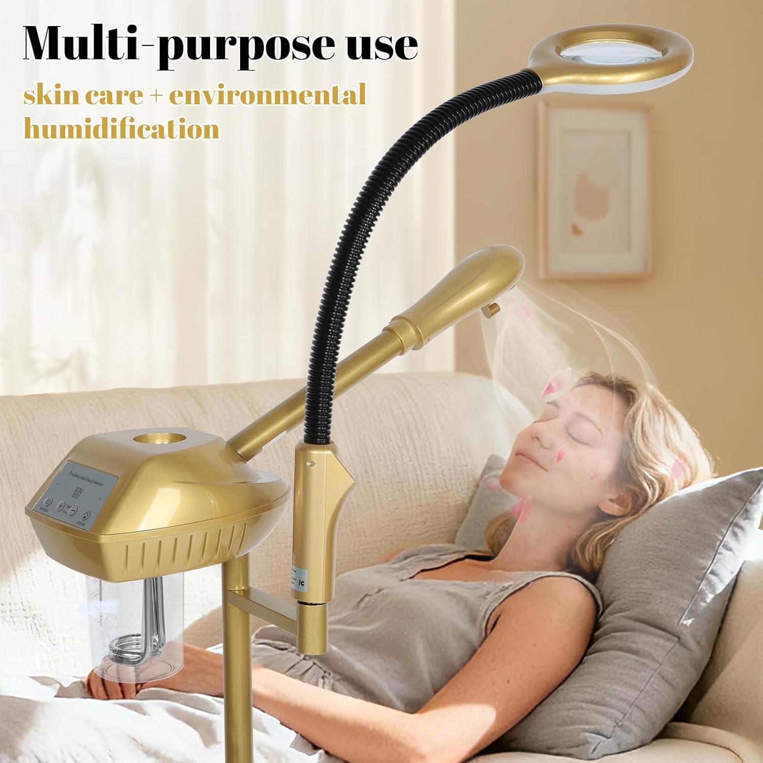 Professional Facial Steamer Adjustable Height and Angle, Face Steamer Clean Skin Firming Pores and Moisturizing Suitable for a Beauty, Spa, at Home（Gold）