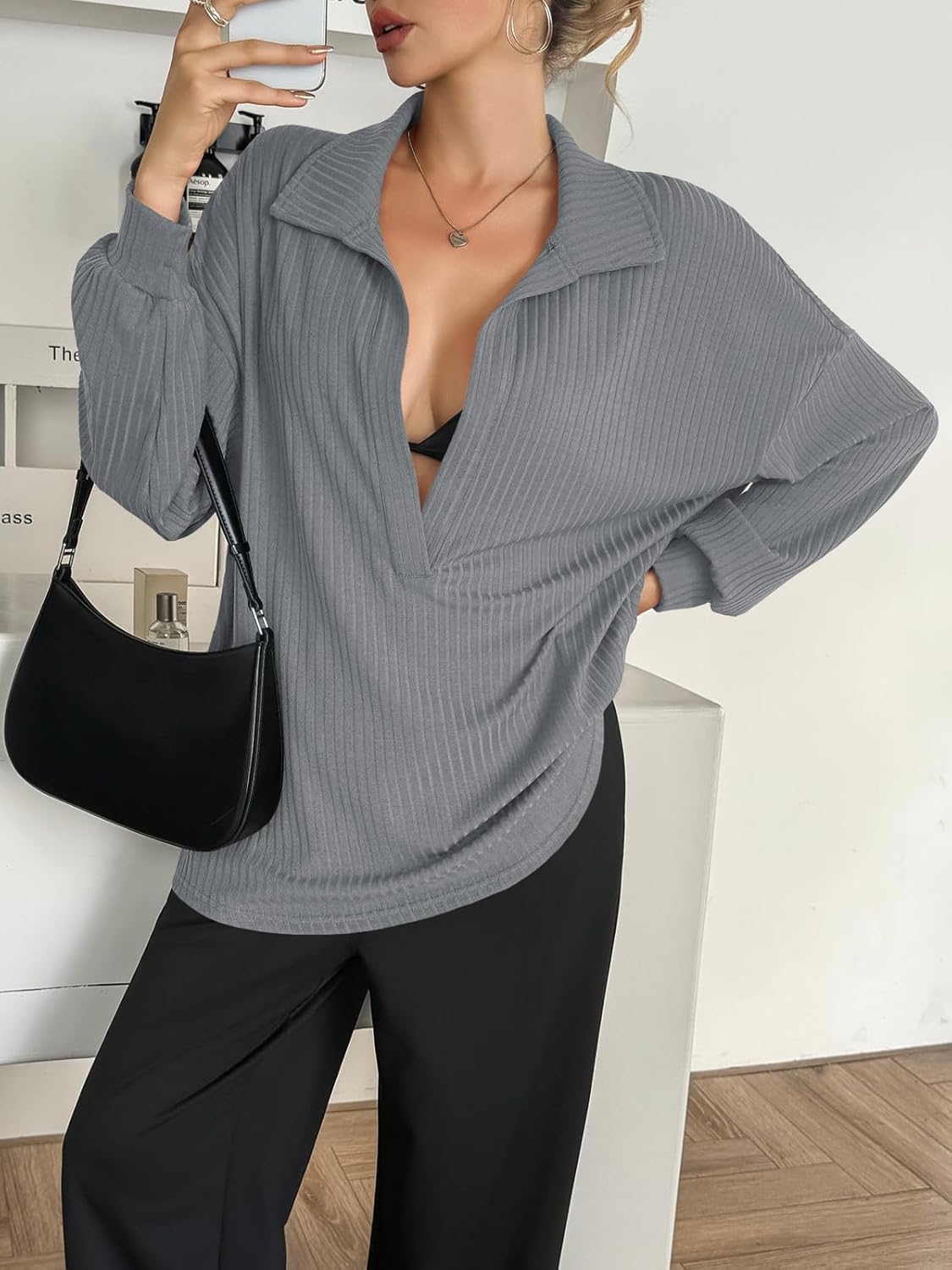 Fisoew Womens Oversized Deep V Neck Sweatshirts Casual Collared Long Sleeve Ribbed Knit Pullover Tops - Image 4