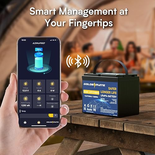 Miniatura 3 de GOLDENMATE Batería Bluetooth LiFePO4 de 12 V 100 Ah Grupo 24, batería de litio de ciclo profundo, BMS de 100 A integrado, hasta 15000 ciclos,