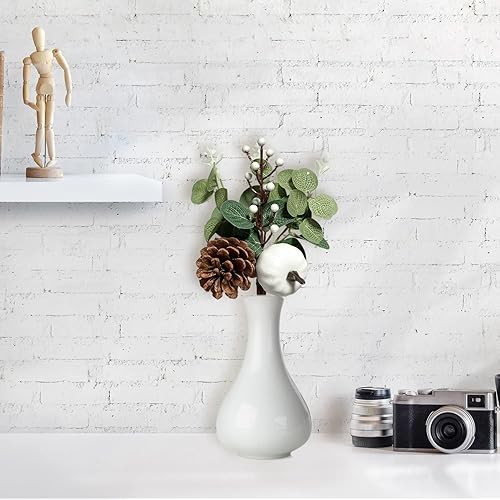 Miniatura 7 de 12 tallos de vegetación de hojas artificiales de eucalipto con piñas de calabaza blancas para decoración de mesa de boda, otoño, día de Acción de
