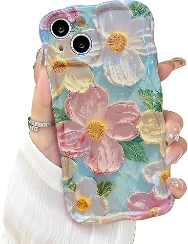 Funda diseñada para iPhone 13 Pro Max para mujer, bonita forma de marco de onda rizada, pintura al óleo retro colorida con patrón de haz láser de Funda diseñada para iPhone 13 Pro Max para mujer, bonita forma de marco de onda rizada, pintura al óleo retro colorida con patrón de haz láser de