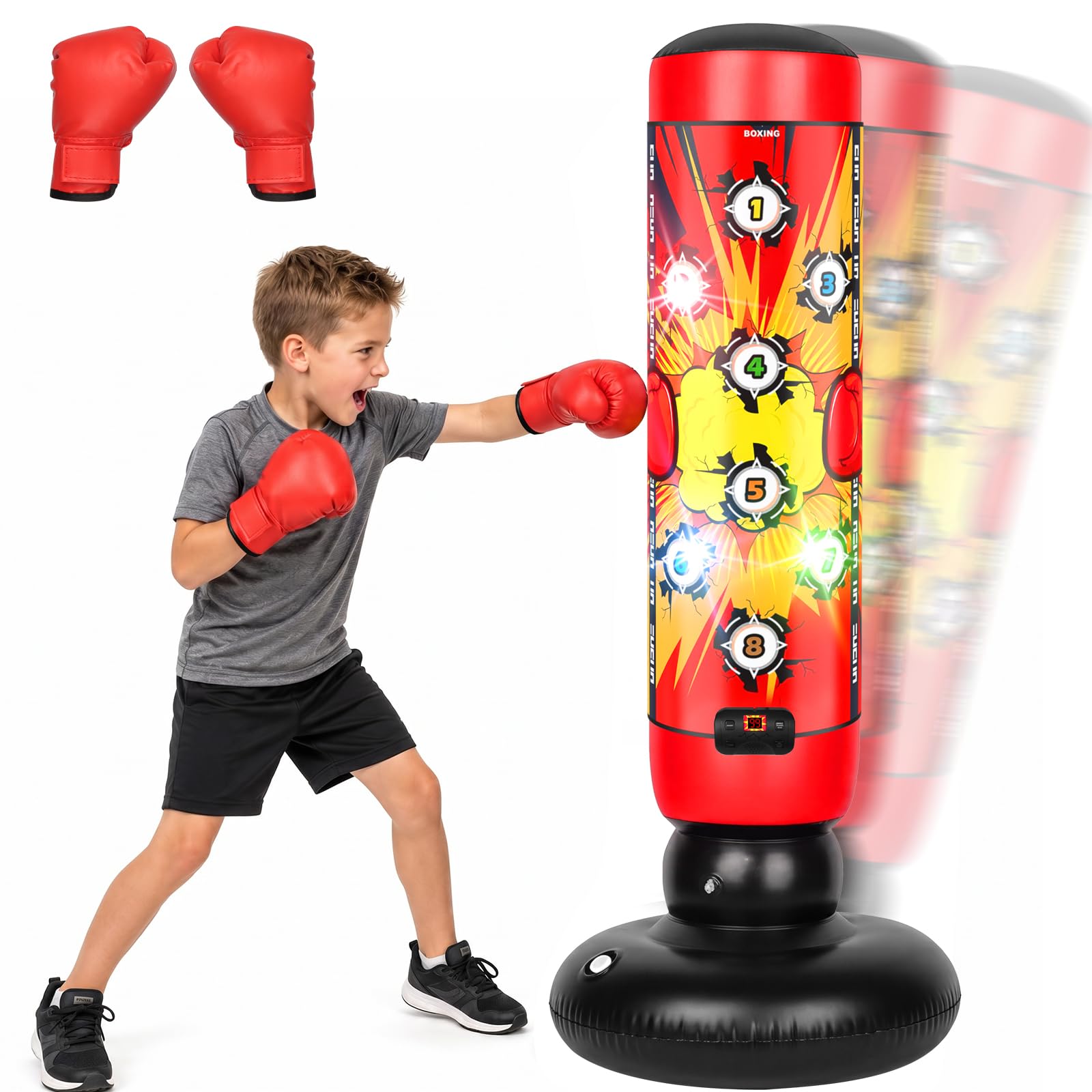 Interactive Punching Bag for Kids, 155CM Inflatable Kids Punch Bag with Gloves Music & Light 4-Mode Game Enhances Reaction Speed, Gifts for Boys & Girls Age 6-12, for Practicing Karate, Taekwondo, MMA