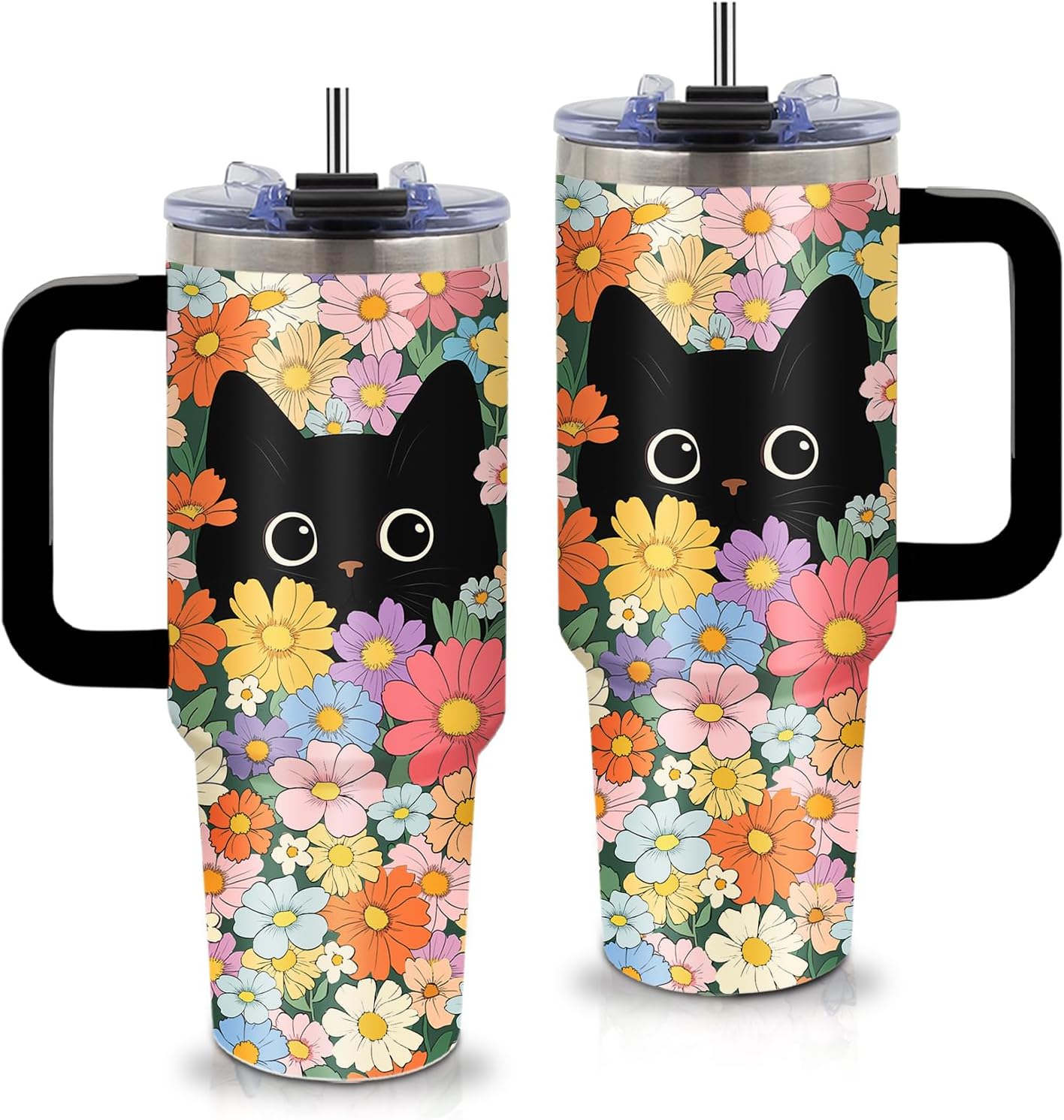 Black Cat & Floral Tumbler 40oz with Handle and Straws, Leak - proof, Stainless Steel Insulated Travel Coffee Mugs Vintage Flora & Cute Cat Print Cup Gifts for Women, Girls, Birthday, Christmas
