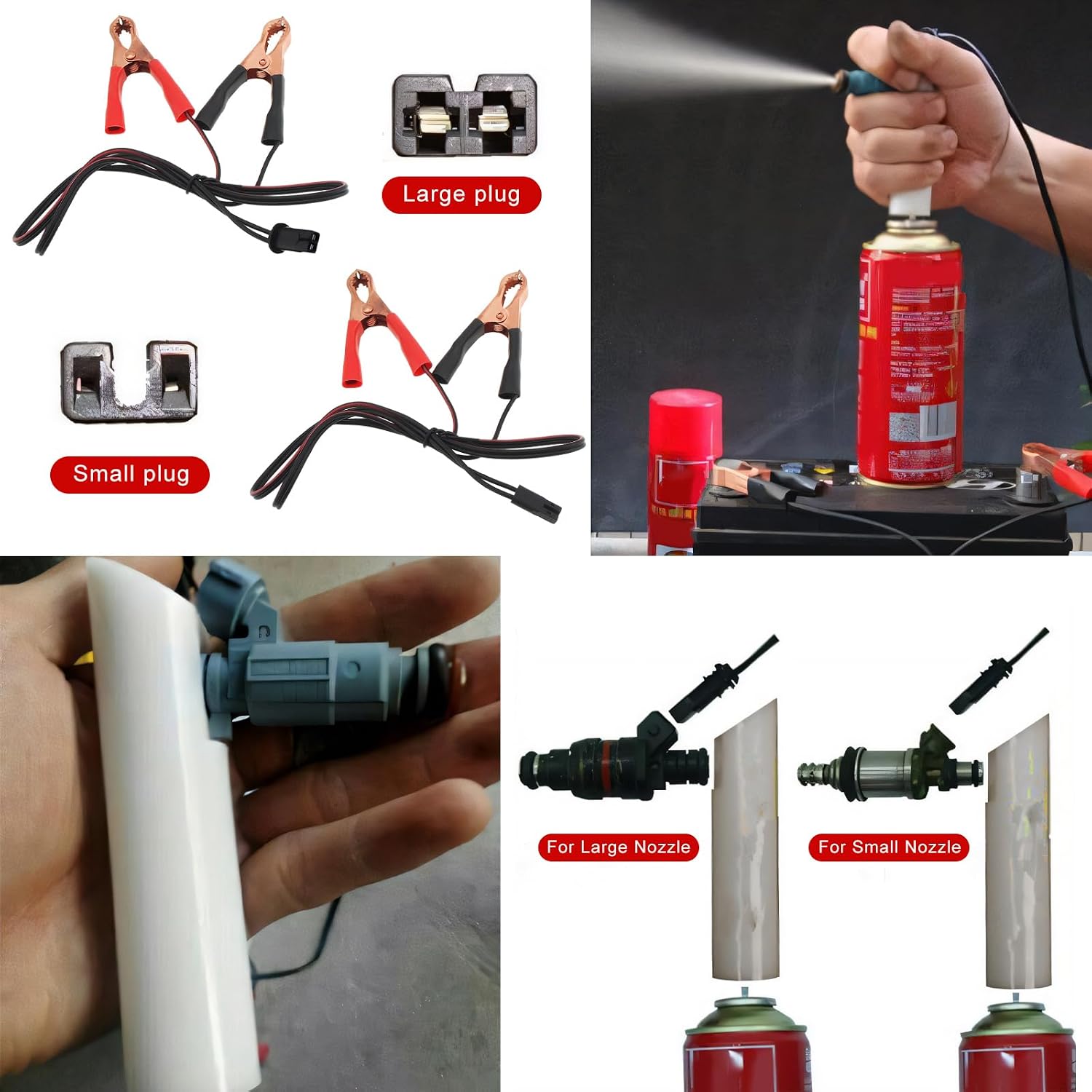 4 PCS Fuel Injector Cleaner Kit, 12V 2 Sizes Injector Nozzle Adapter Flush Cleaner with Test Lead, Heavy Duty Cleaning Tools Kit for Car Diesel Gas Fuel Injectors